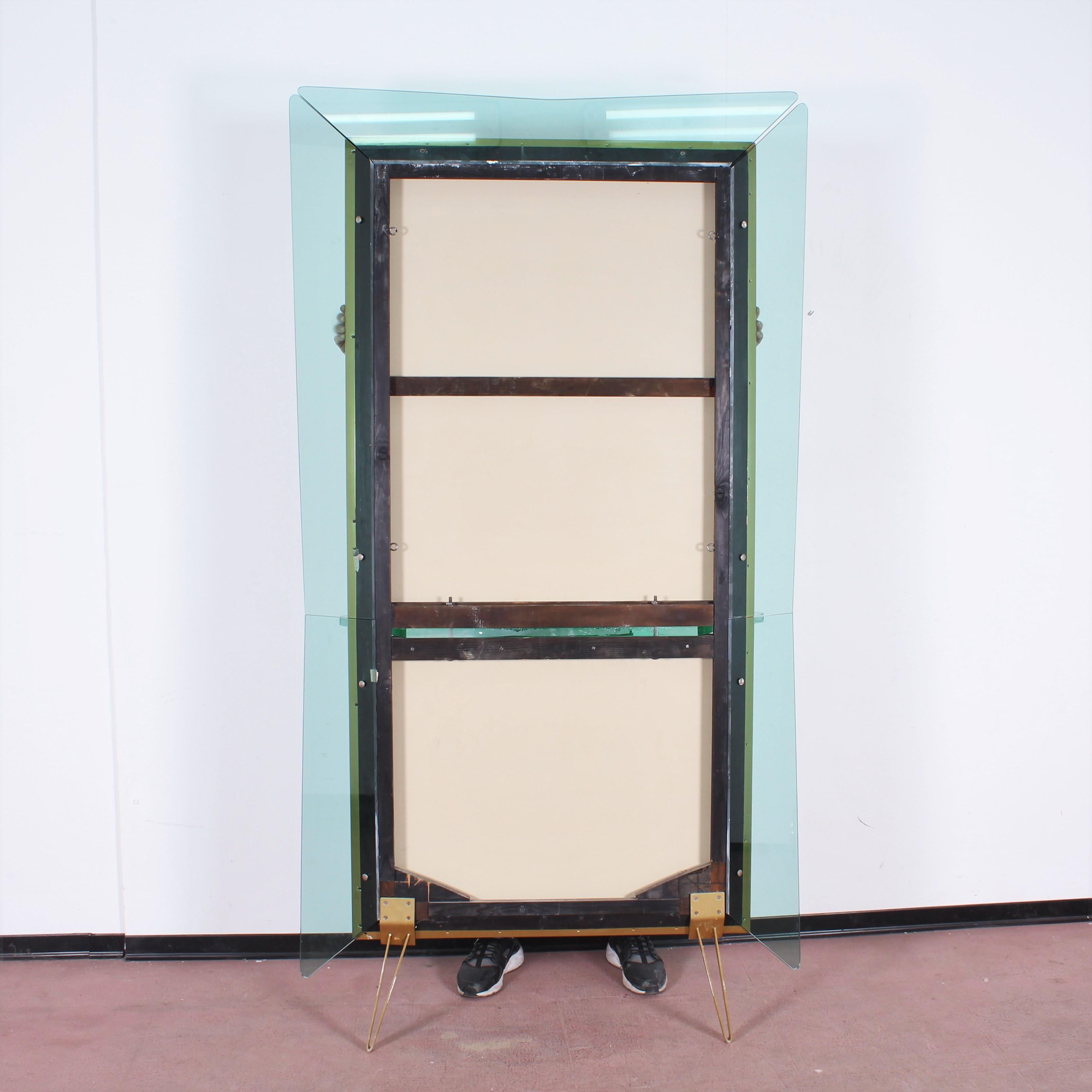 Brass Wooden and Green Glass Cristal Art Console with big Mirror, 1940s, Italy 5
