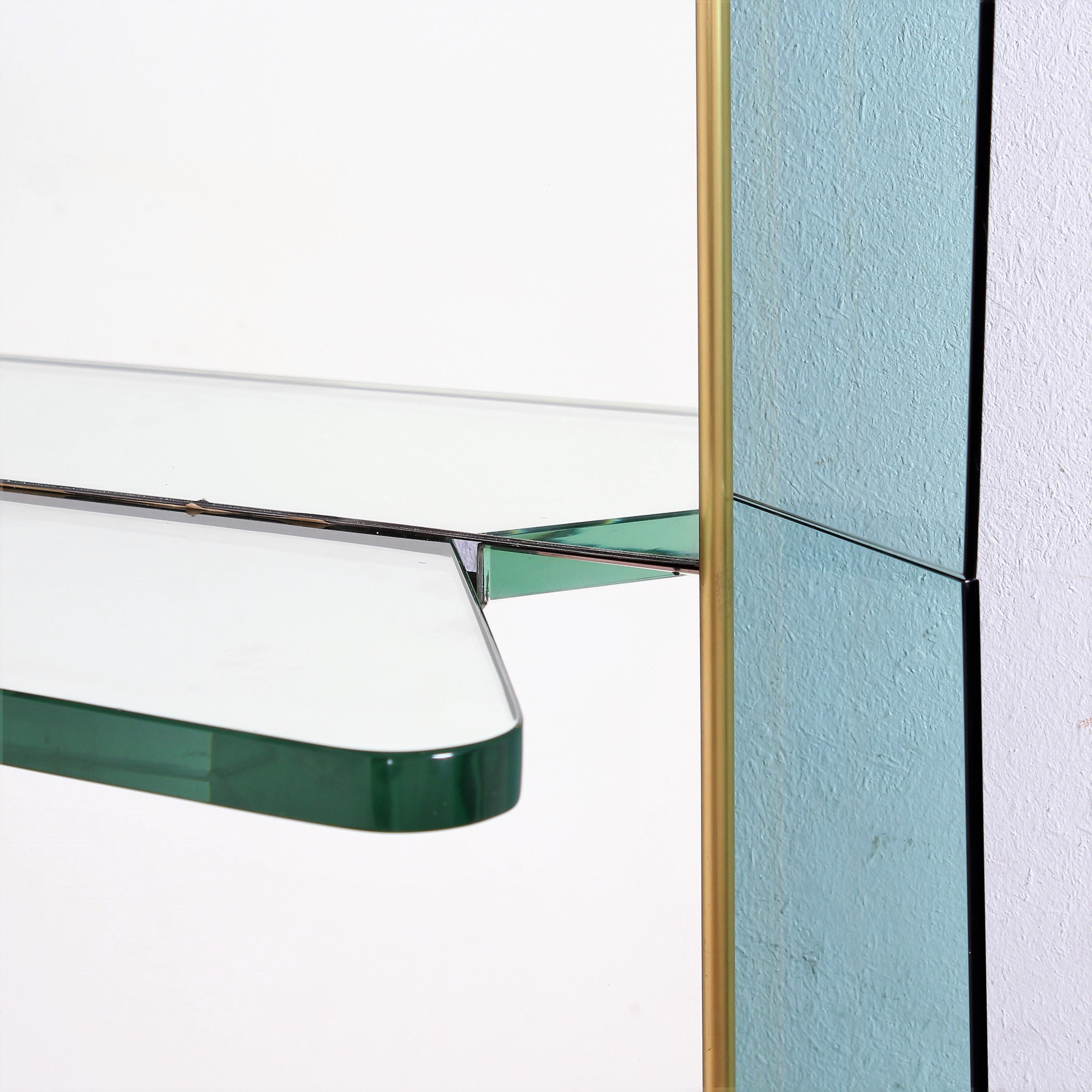 Mid-Century Modern Brass Wooden and Green Glass Cristal Art Console with big Mirror, 1940s, Italy