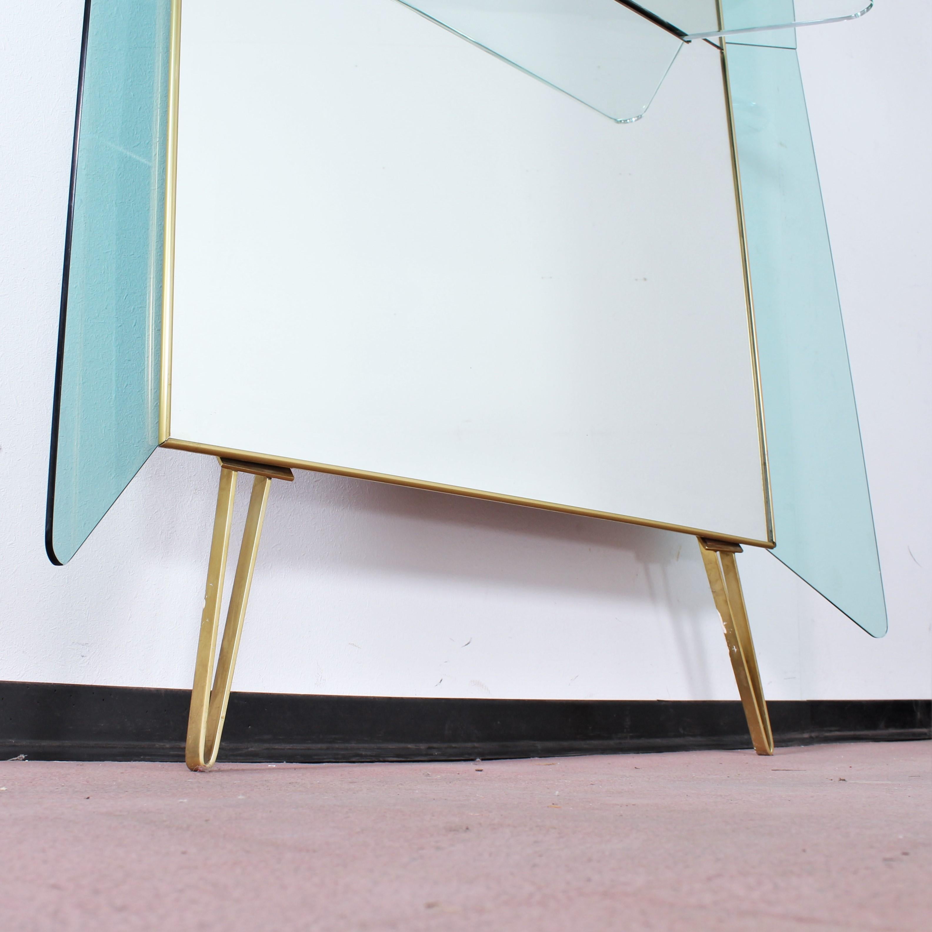 Brass Wooden and Green Glass Cristal Art Console with big Mirror, 1940s, Italy 3