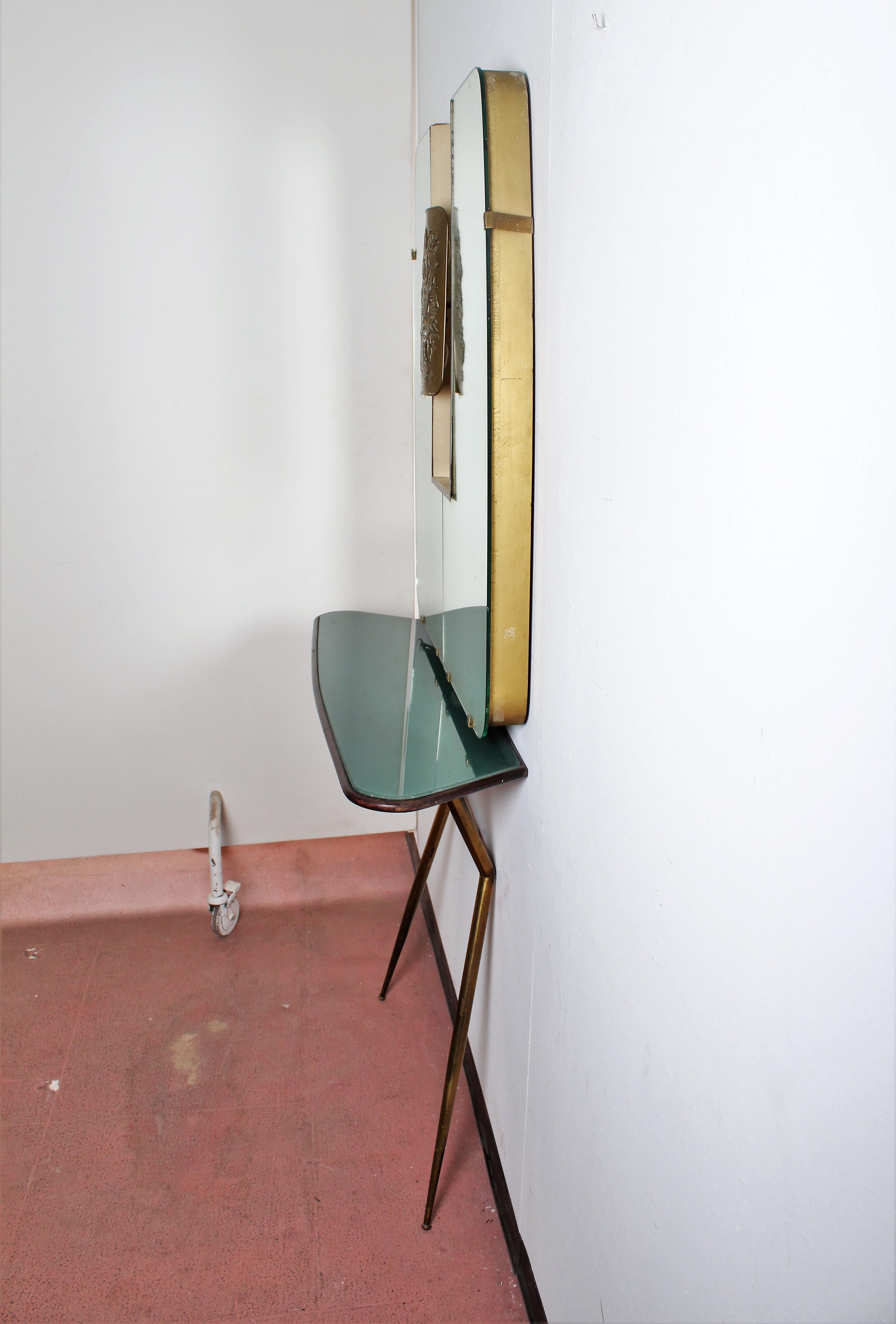 Brass Wooden and Green Glass Cristal Art Console with Wall Mirror, 1960s, Italy 8