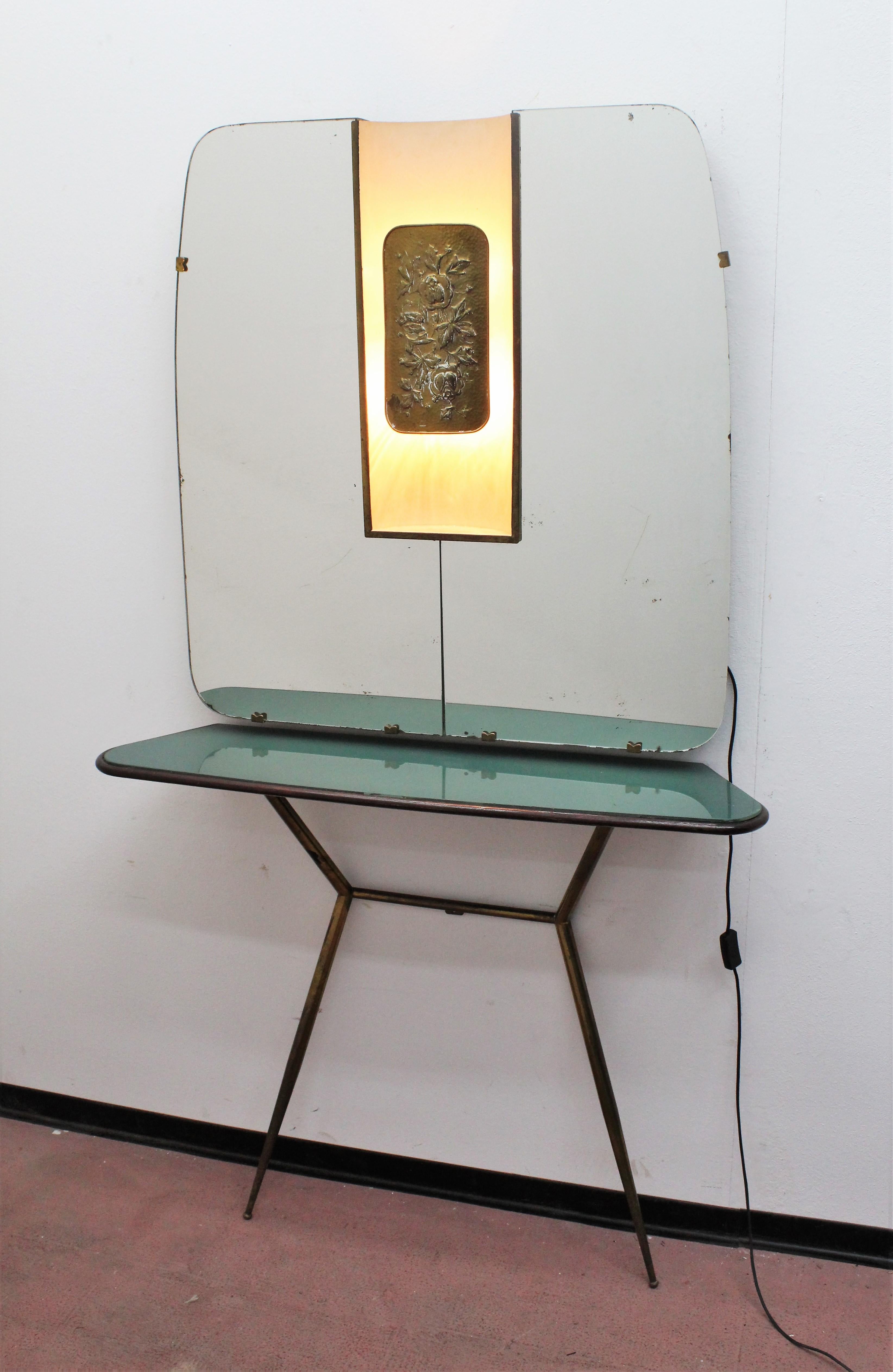 Brass Wooden and Green Glass Cristal Art Console with Wall Mirror, 1960s, Italy 11
