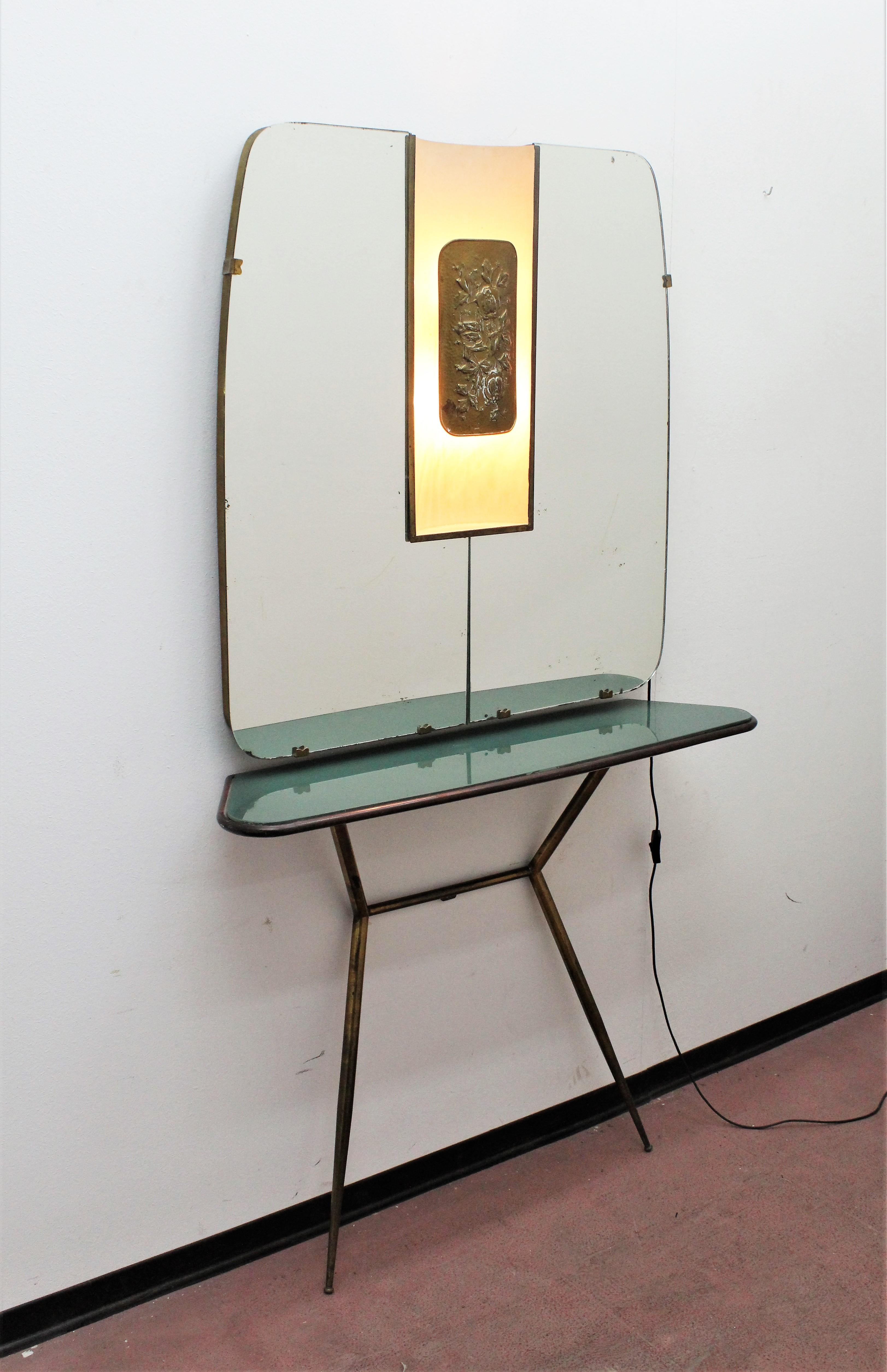 Brass Wooden and Green Glass Cristal Art Console with Wall Mirror, 1960s, Italy 13