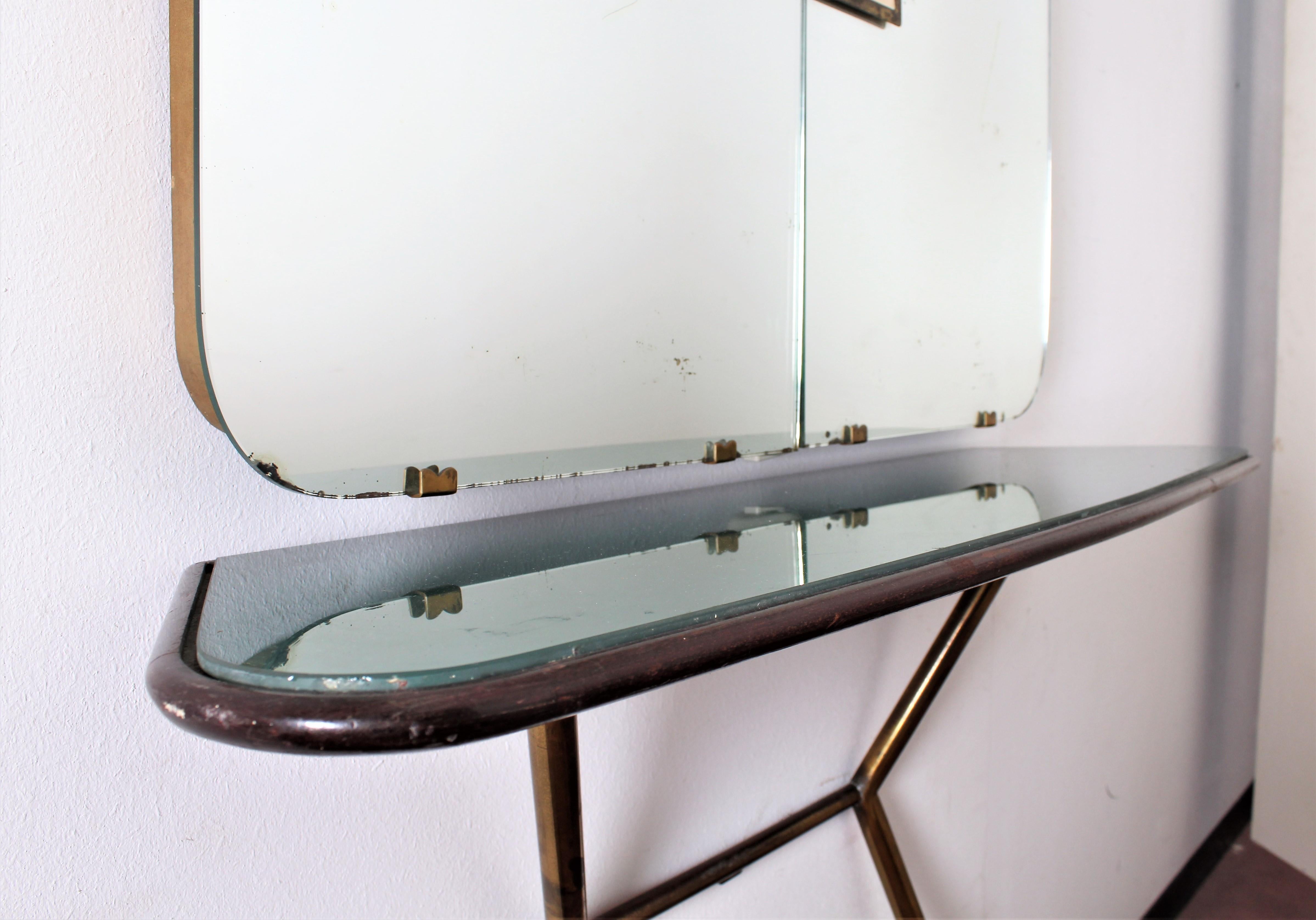 Brass Wooden and Green Glass Cristal Art Console with Wall Mirror, 1960s, Italy In Good Condition In Palermo, IT