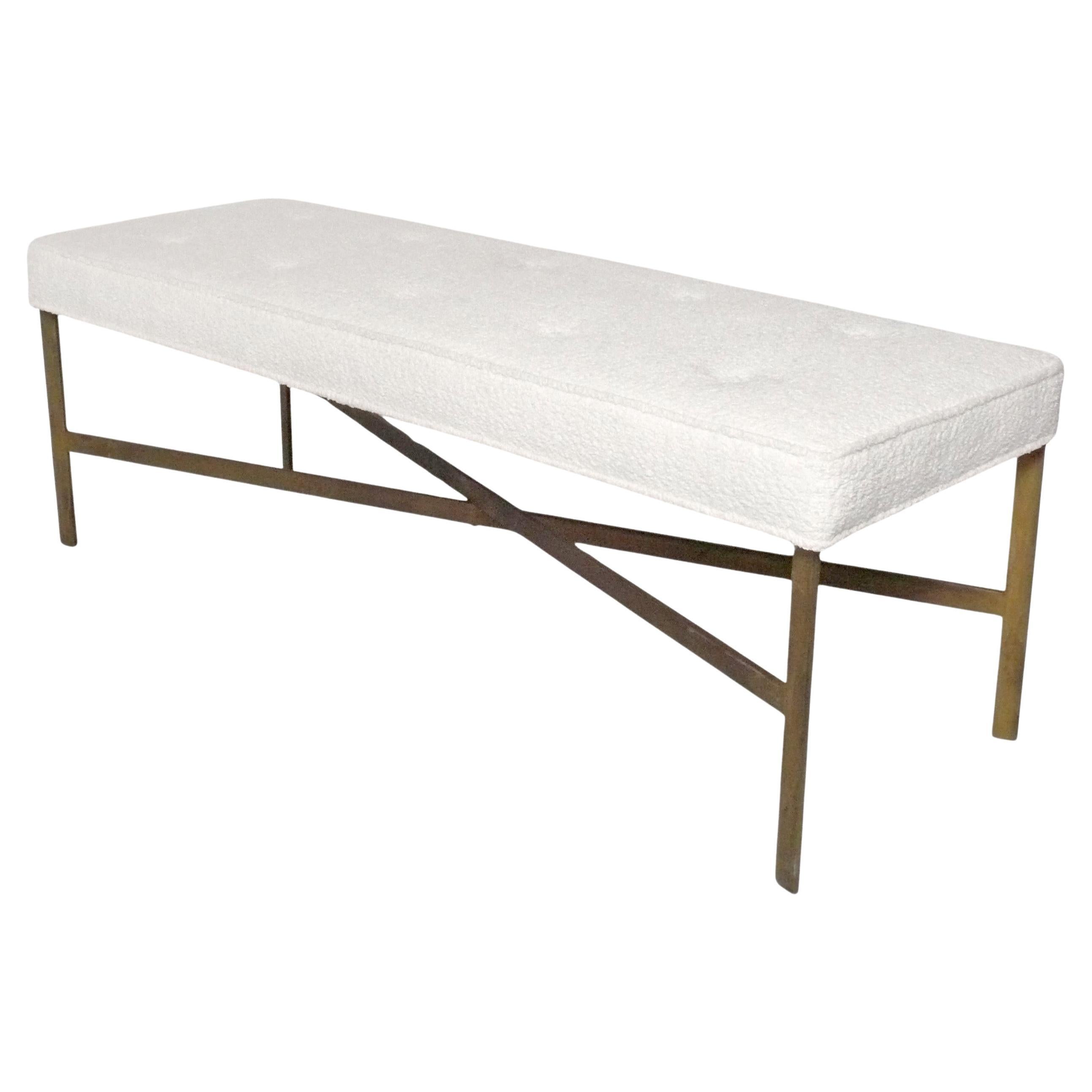 Brass X Base Bench 56" Width Mid Century Modern New Boucle Fabric