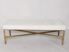 Brass X Base Bench 56.5" W Reupholstered Ivory Color Boucle Mid Century Modern