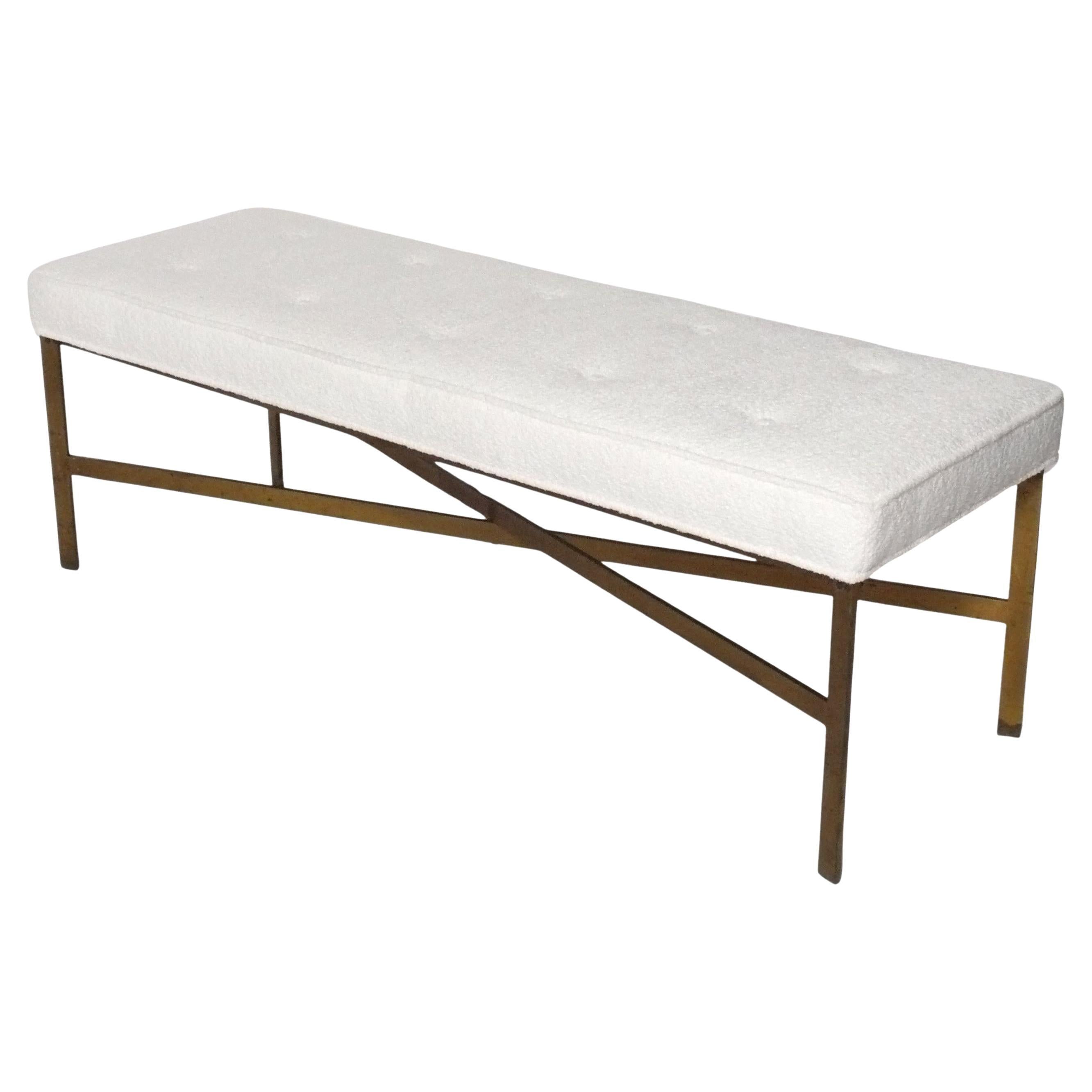 Brass X Base Bench 56.5" W Reupholstered Ivory Color Boucle Mid Century Modern