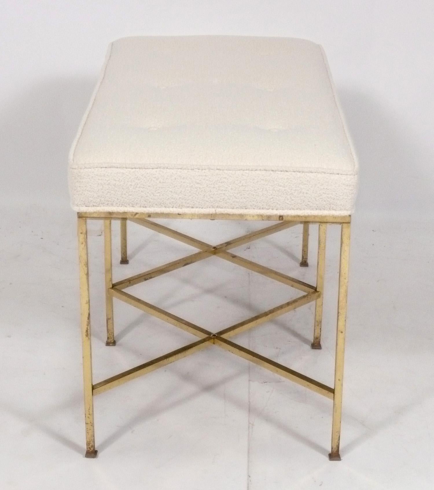Mid-Century Modern Brass x Base Bench Reupholstered For Sale