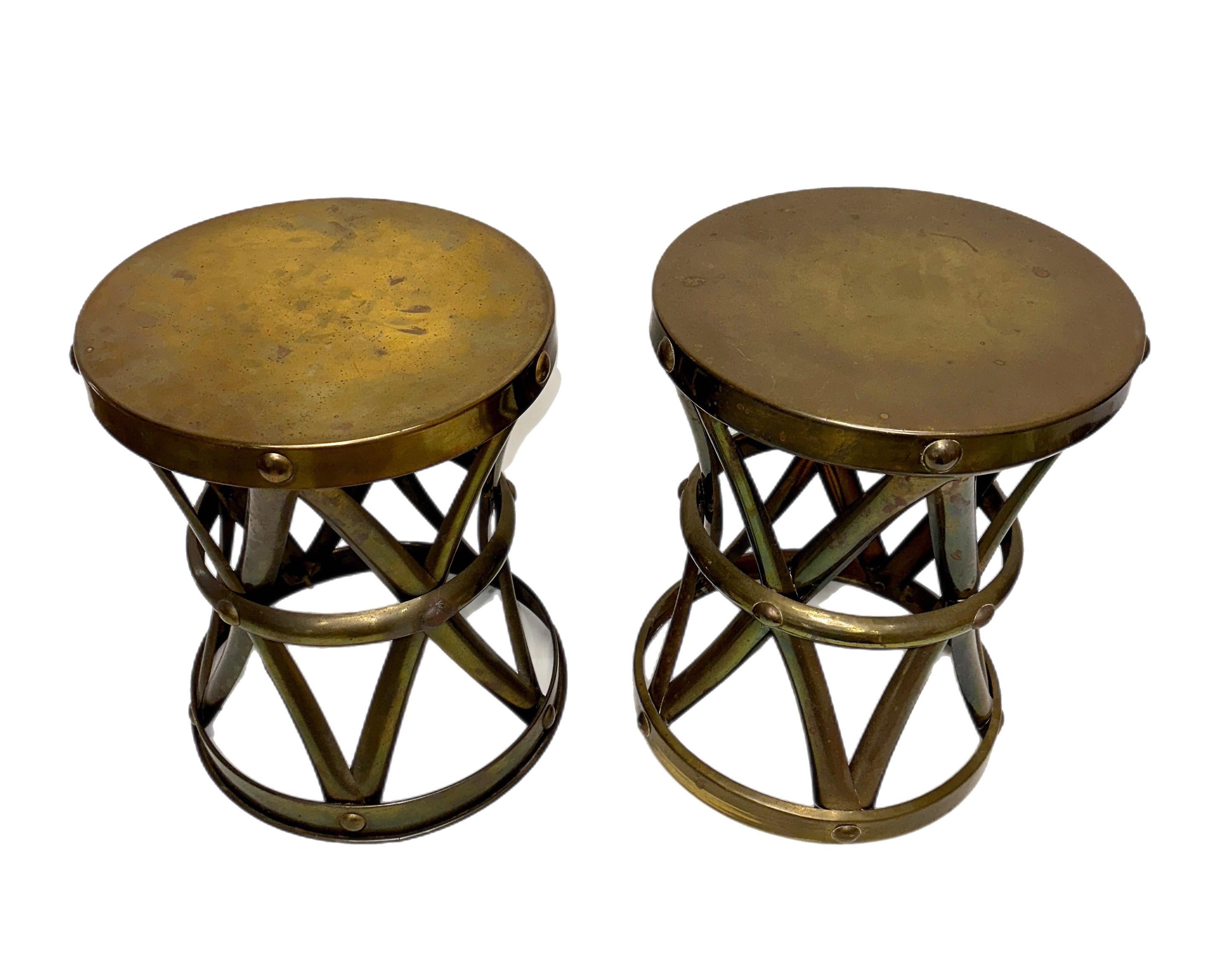 Hong Kong Brass X Base Lattice Drum Table Stool Pair For Sale