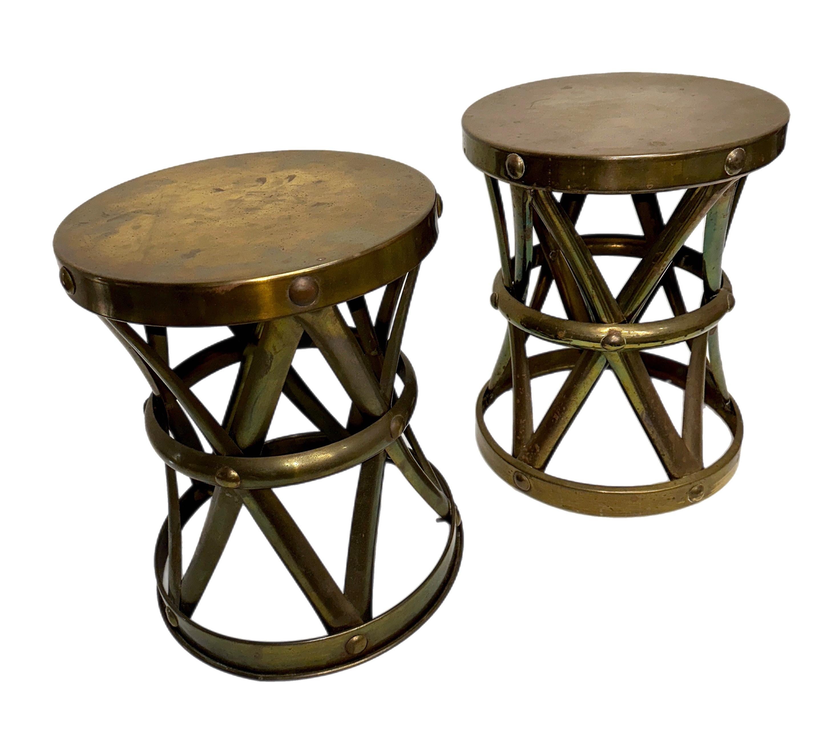 Metalwork Brass X Base Lattice Drum Table Stool Pair For Sale