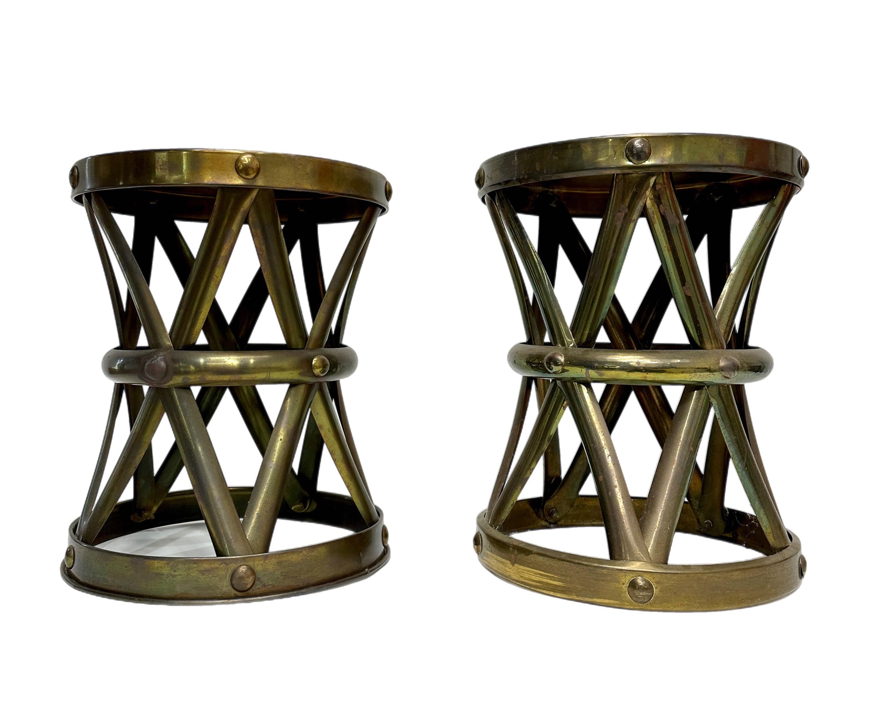 20th Century Brass X Base Lattice Drum Table Stool Pair For Sale