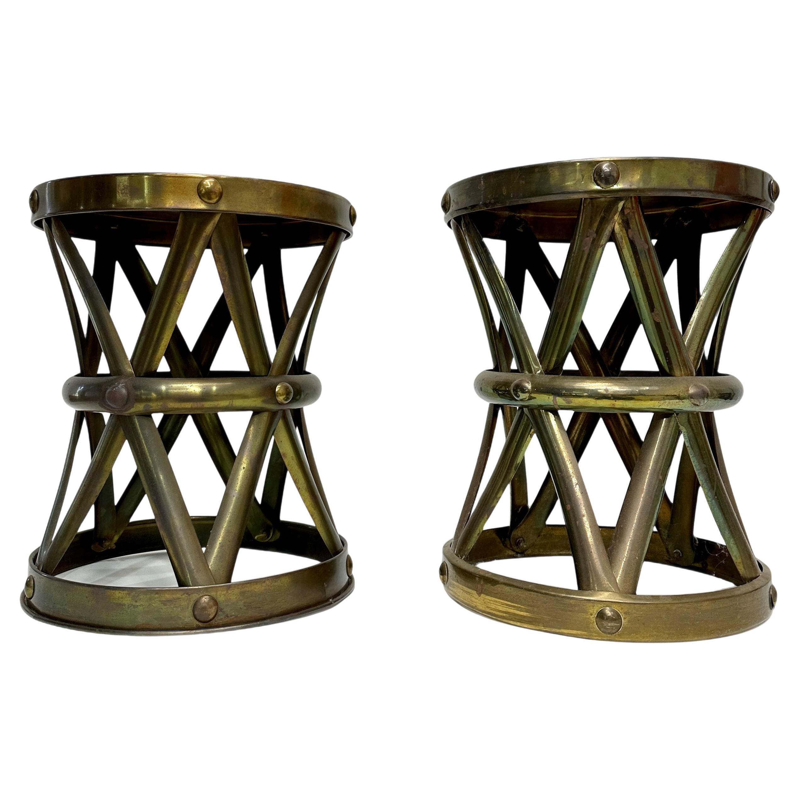 Brass X Base Lattice Drum Table Stool Pair For Sale