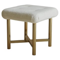 Brass X-Base Ottoman in White Boucle with Tufts, 20th Century