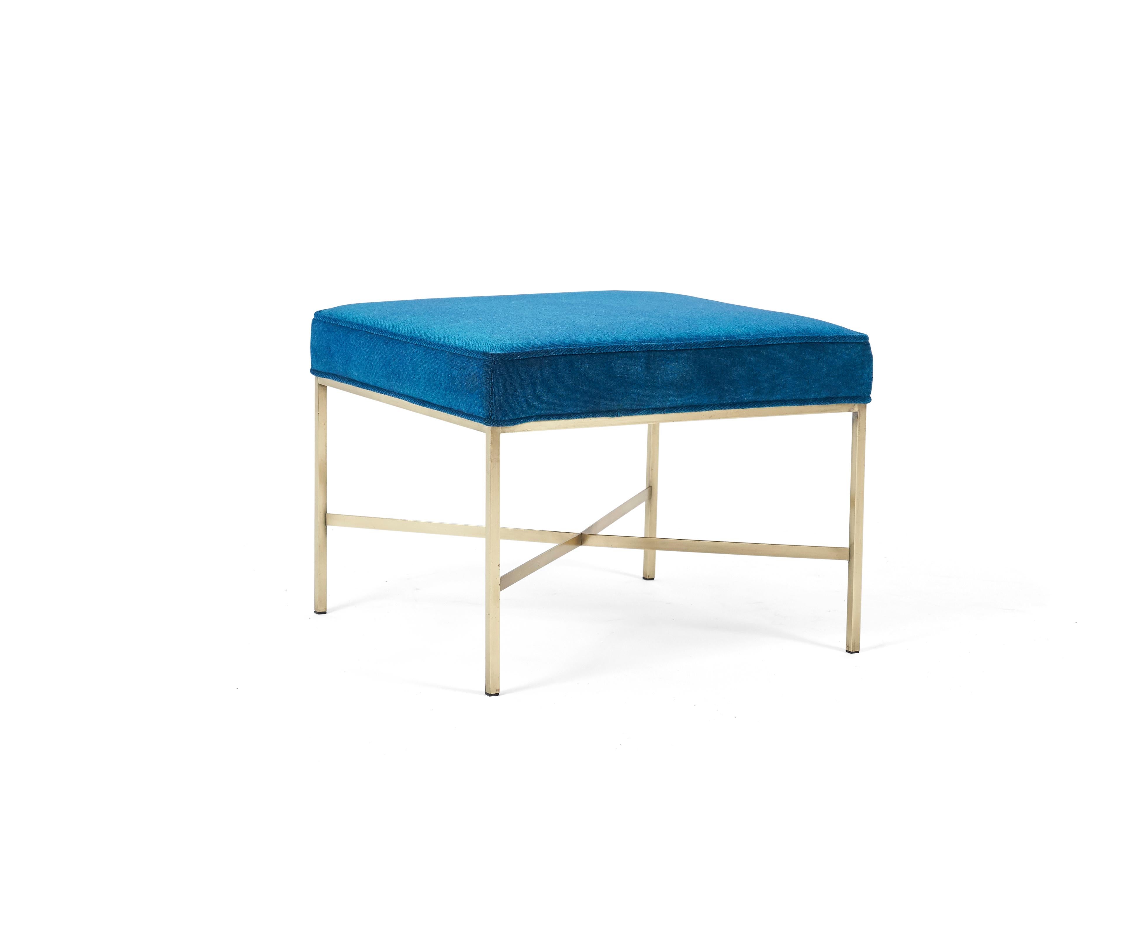 Brass X-base stool by Paul McCobb for Calvin Furniture. New cushions covered in new velvet, over polished brass base.