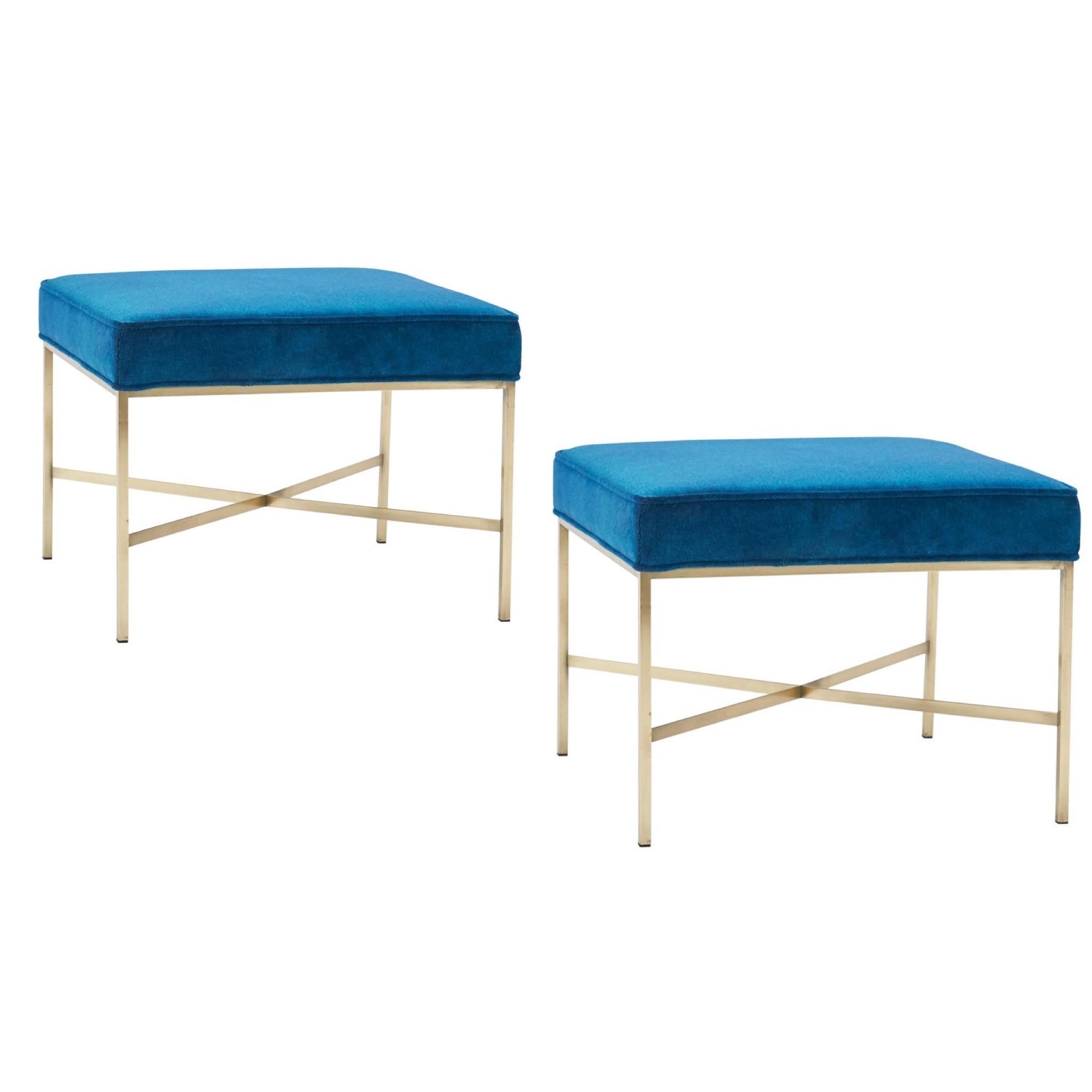 Pair of brass X-base stools by Paul McCobb for Calvin Furniture. New cushions covered in new velvet, over polished brass bases.
