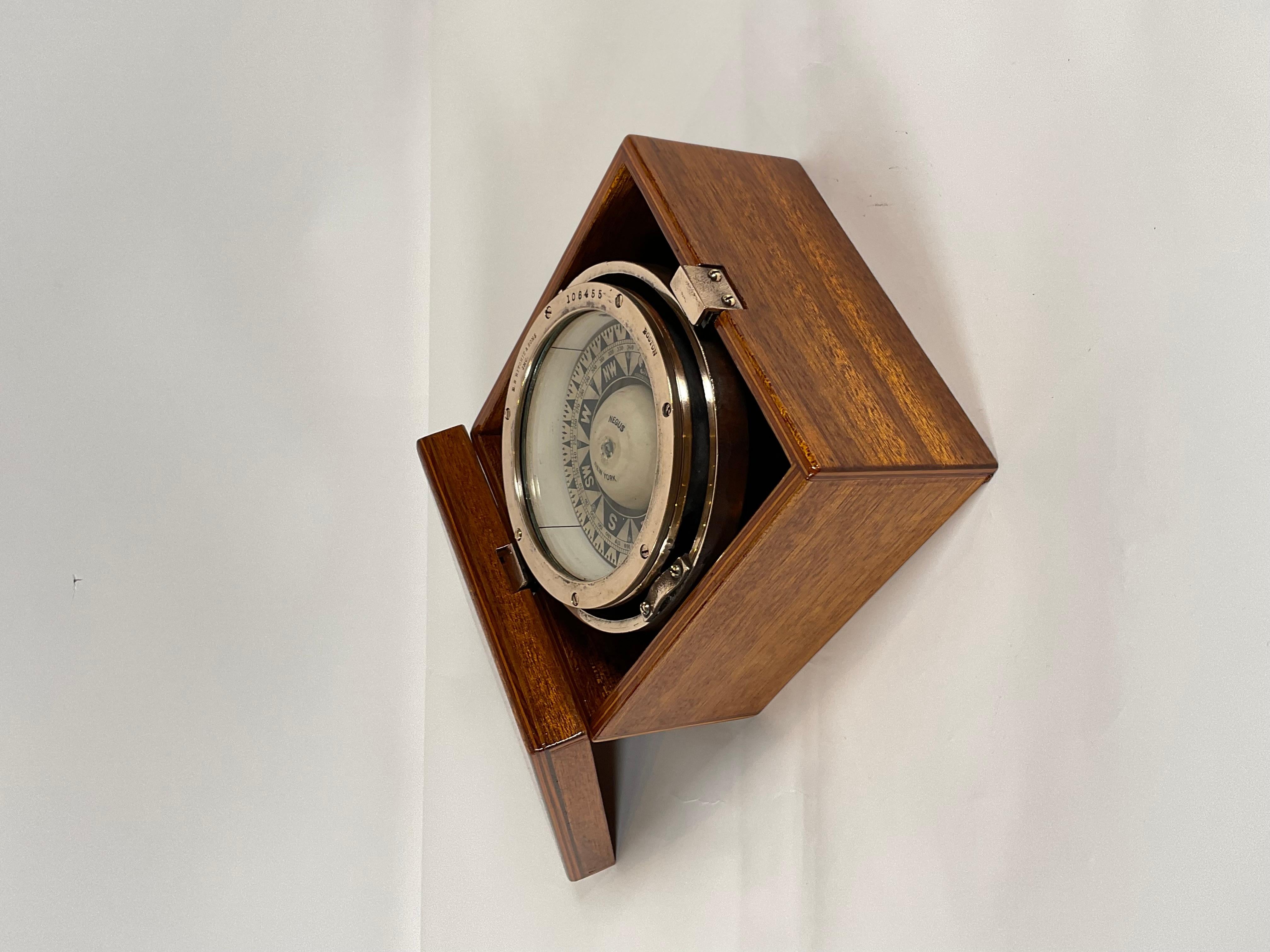 Mid-20th Century Brass Yacht Compass in Mahogany Box