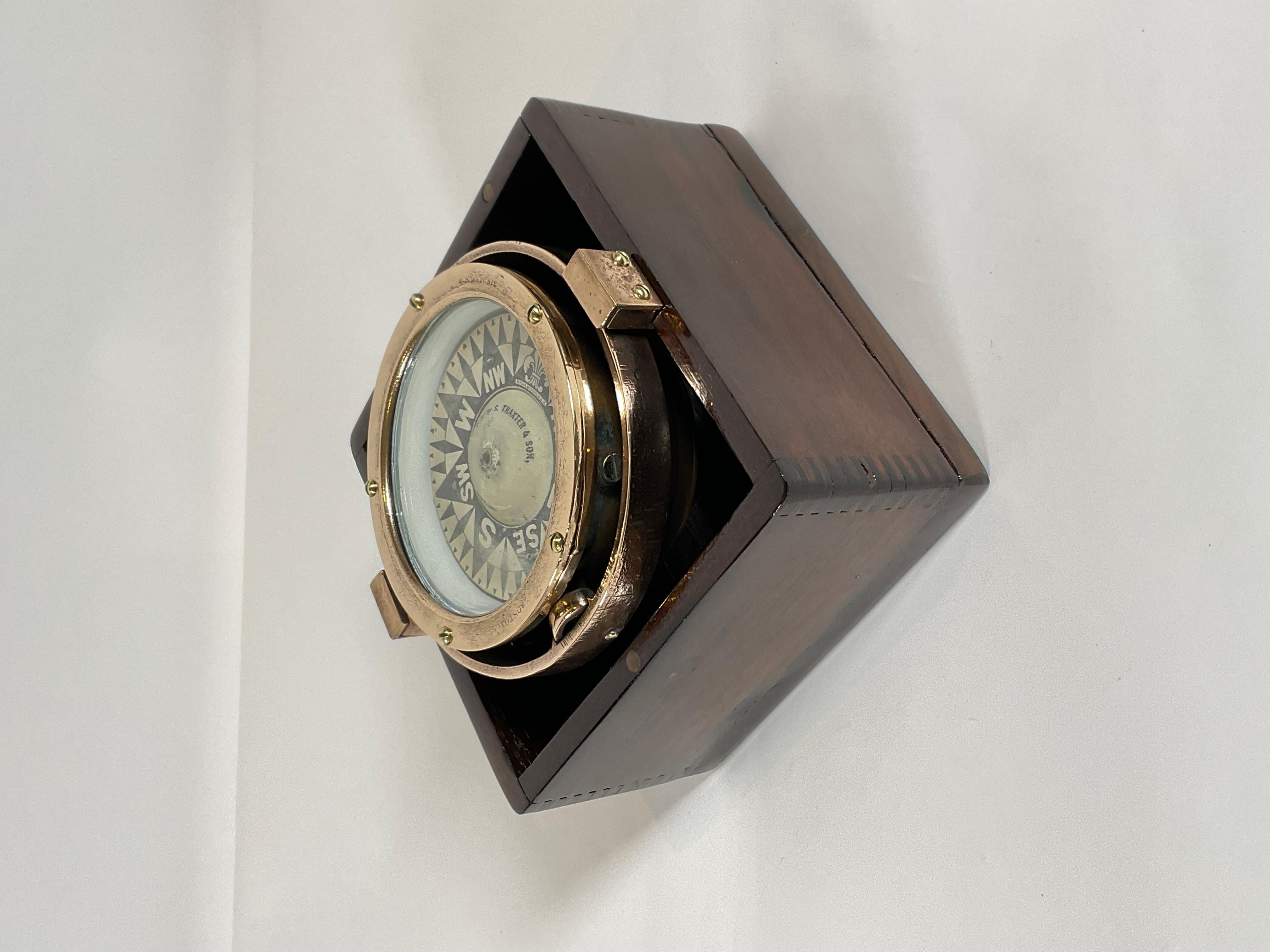 Brass Yacht Compass in Mahogany Box For Sale 1