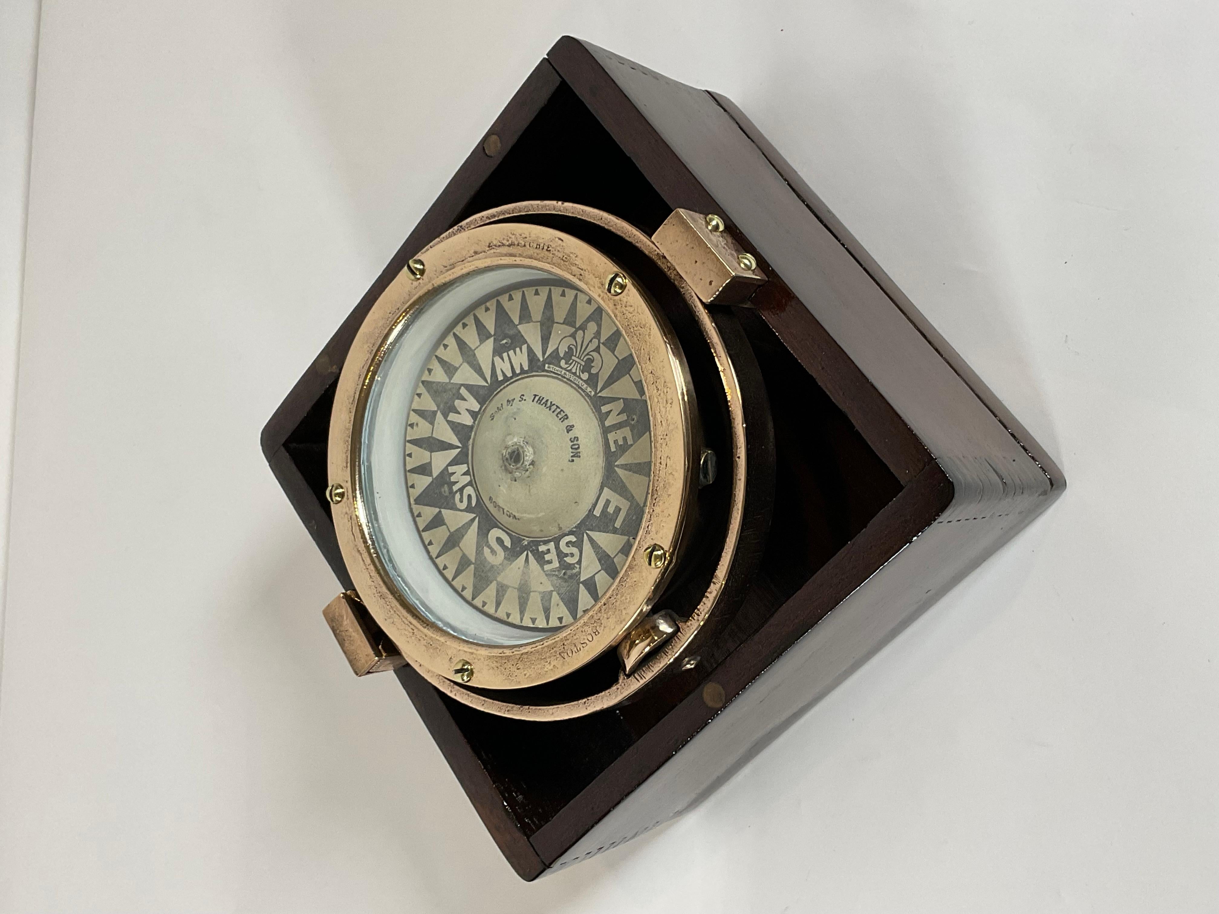 Brass Yacht Compass in Mahogany Box For Sale 2