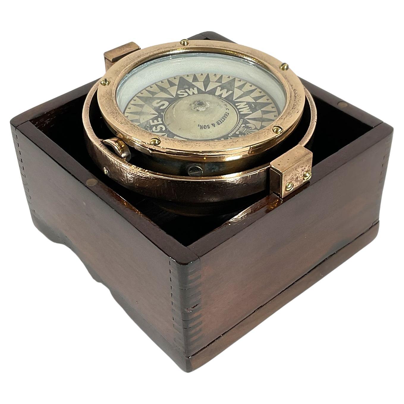 Brass Yacht Compass in Mahogany Box For Sale