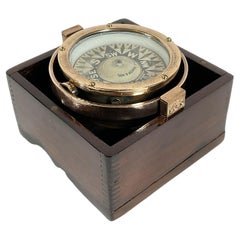 Antique Brass Yacht Compass in Mahogany Box
