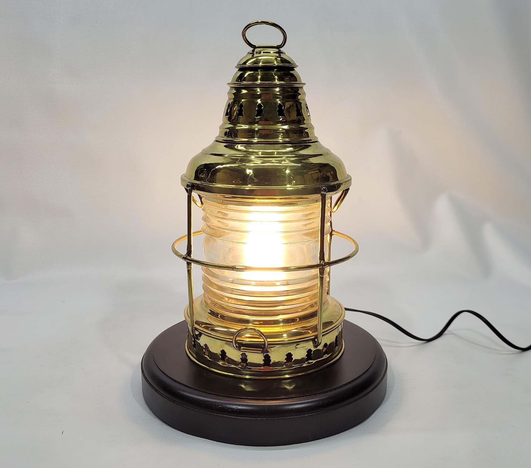 Brass Yacht Lantern with Fresnel Lens In Good Condition For Sale In Norwell, MA