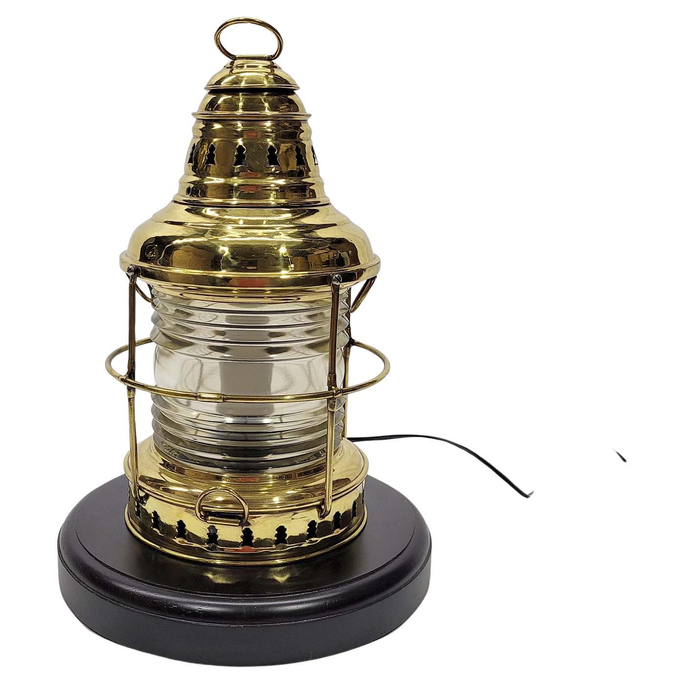 Brass Yacht Lantern with Fresnel Lens For Sale