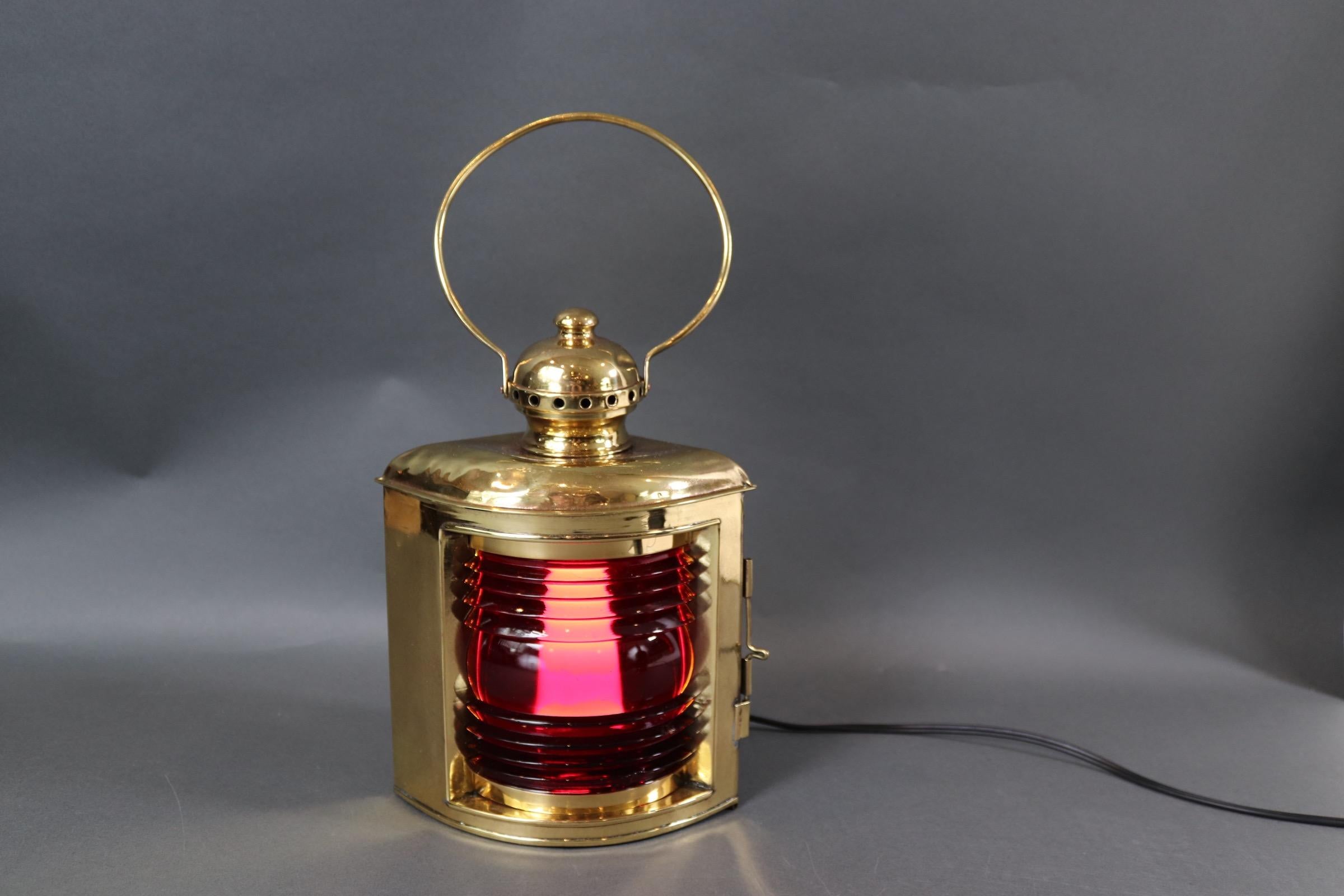 Brass Yacht Lantern with Ruby Red Lens For Sale 1