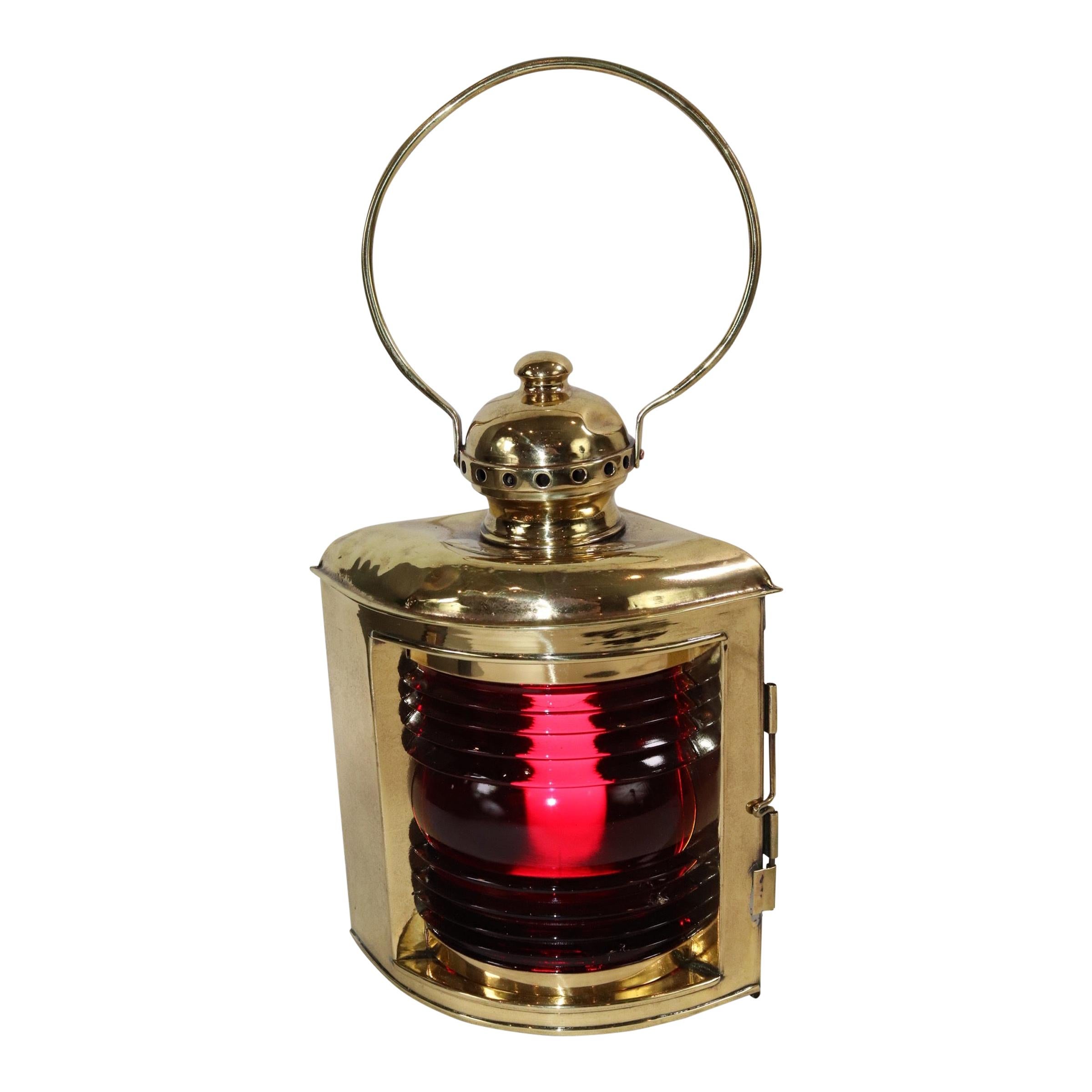 Brass Yacht Lantern with Ruby Red Lens For Sale