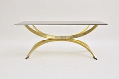 Brassed Metal Smoked Glass Sculptural Vintage Coffee Table Sofa Table 1970s