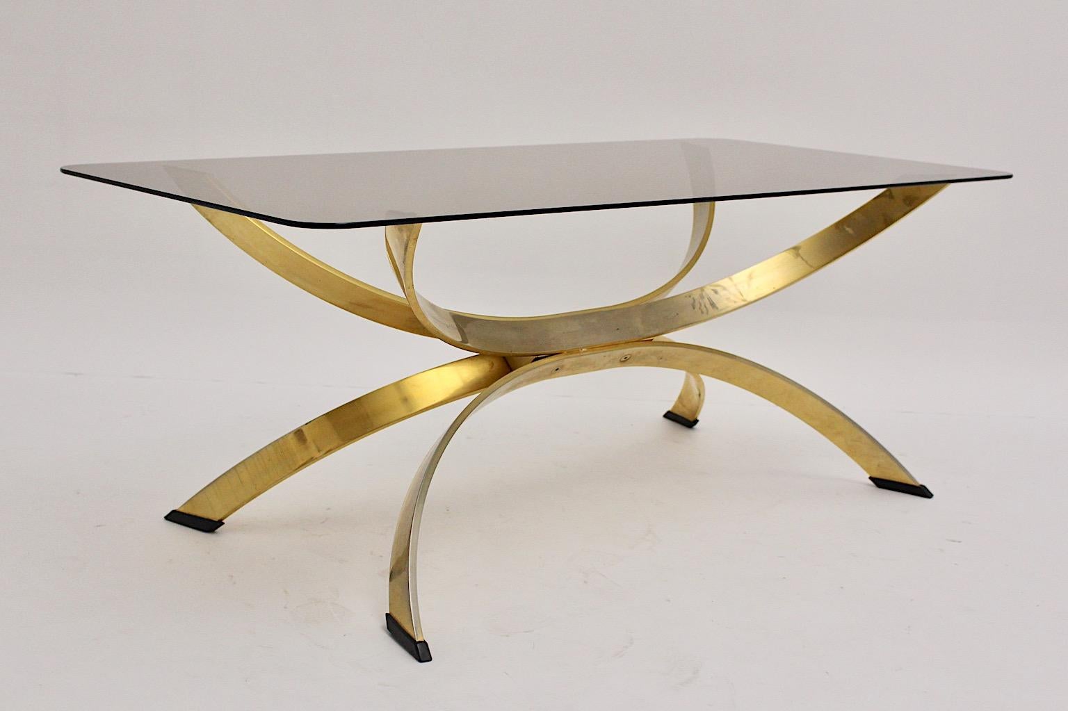 Modern Brassed Metal Smoked Glass Sculptural Vintage Coffee Table Sofa Table 1970s For Sale