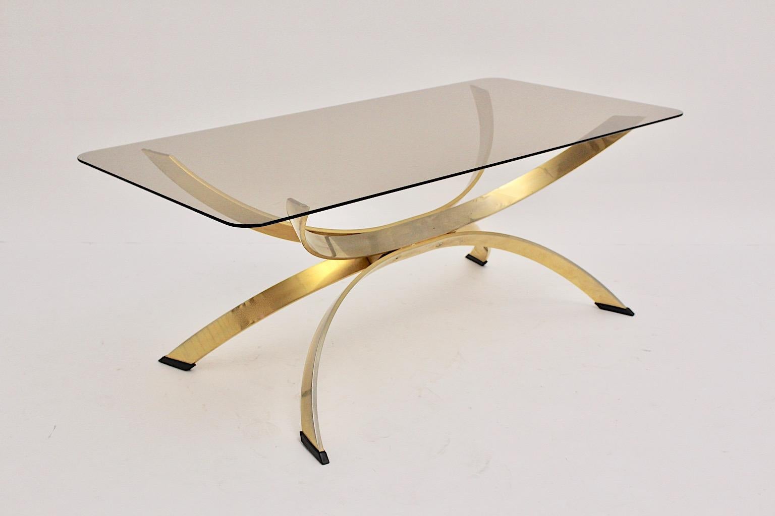 Brassed Metal Smoked Glass Sculptural Vintage Coffee Table Sofa Table 1970s In Good Condition For Sale In Vienna, AT