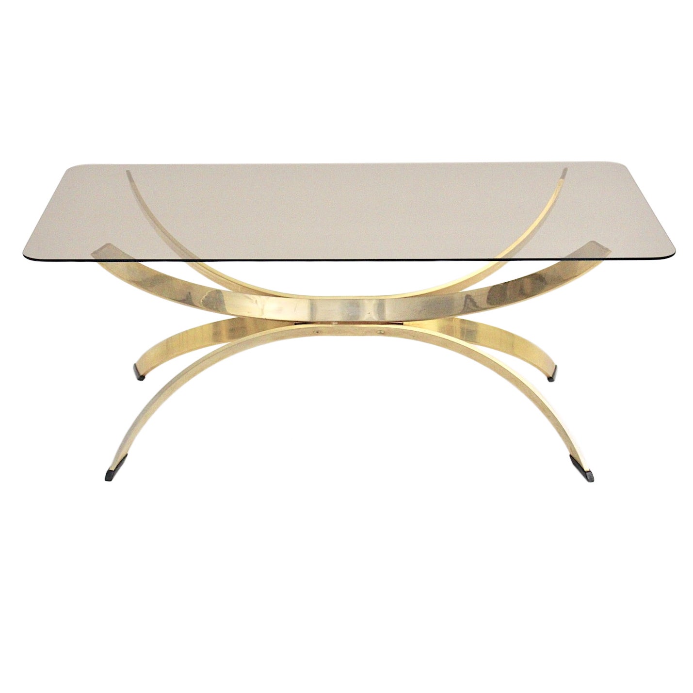 Brassed Metal Smoked Glass Sculptural Vintage Coffee Table Sofa Table 1970s