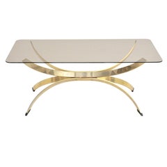 Brassed Metal Smoked Glass Sculptural Vintage Coffee Table Sofa Table 1970s
