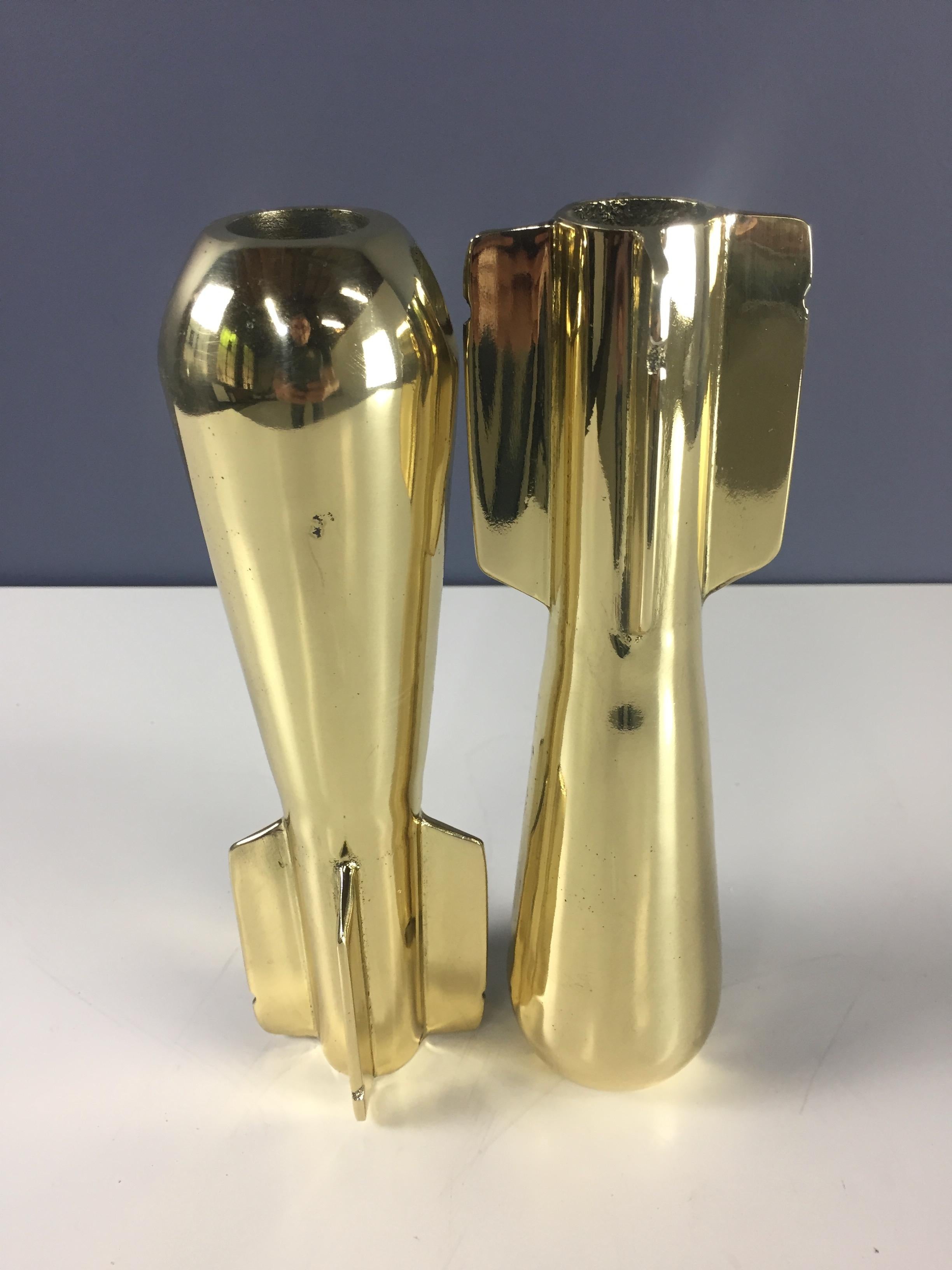 Brassed WWII Era Mortar Shell Paperweights or Bookends Midcentury In Excellent Condition For Sale In Philadelphia, PA