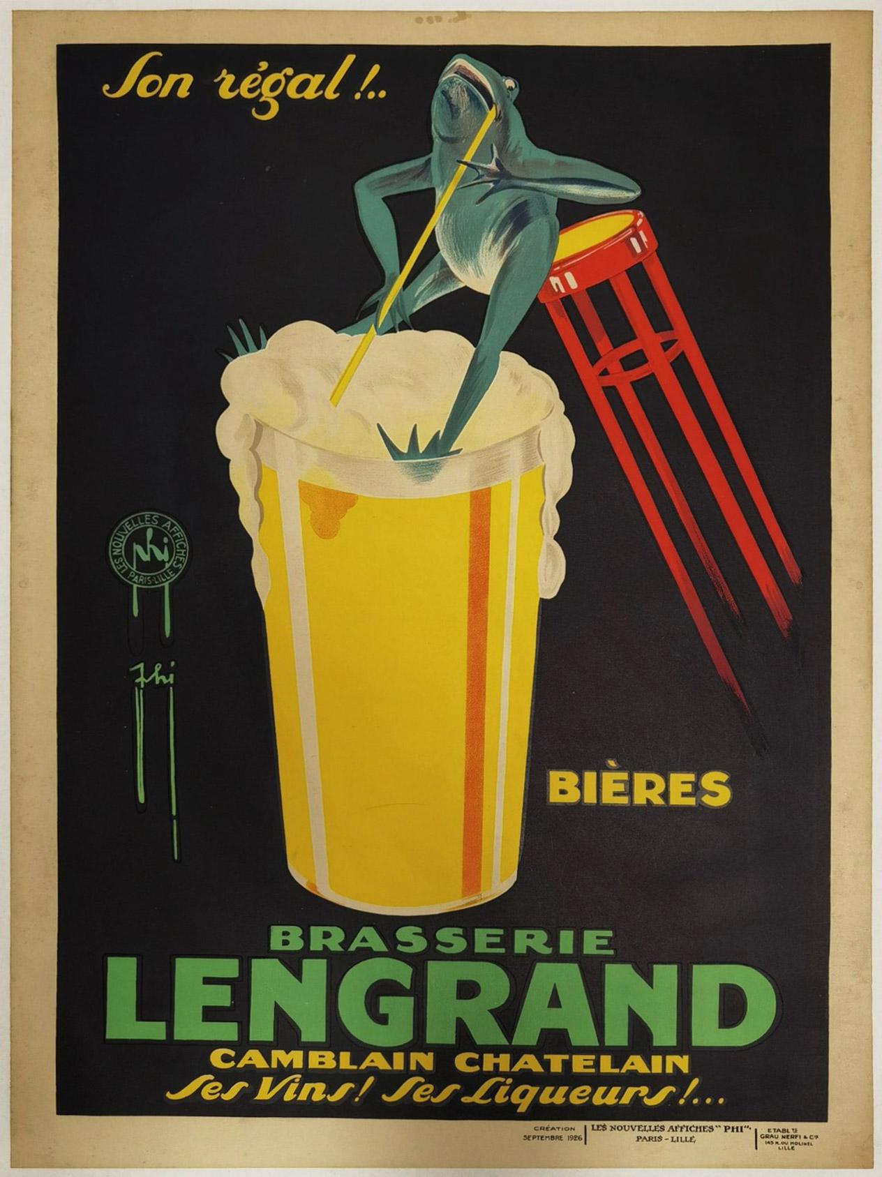 Brasserie Lengrand Frog 1926 French Alcohol Advertising Poster, Paul Nefri In Good Condition For Sale In Bath, Somerset