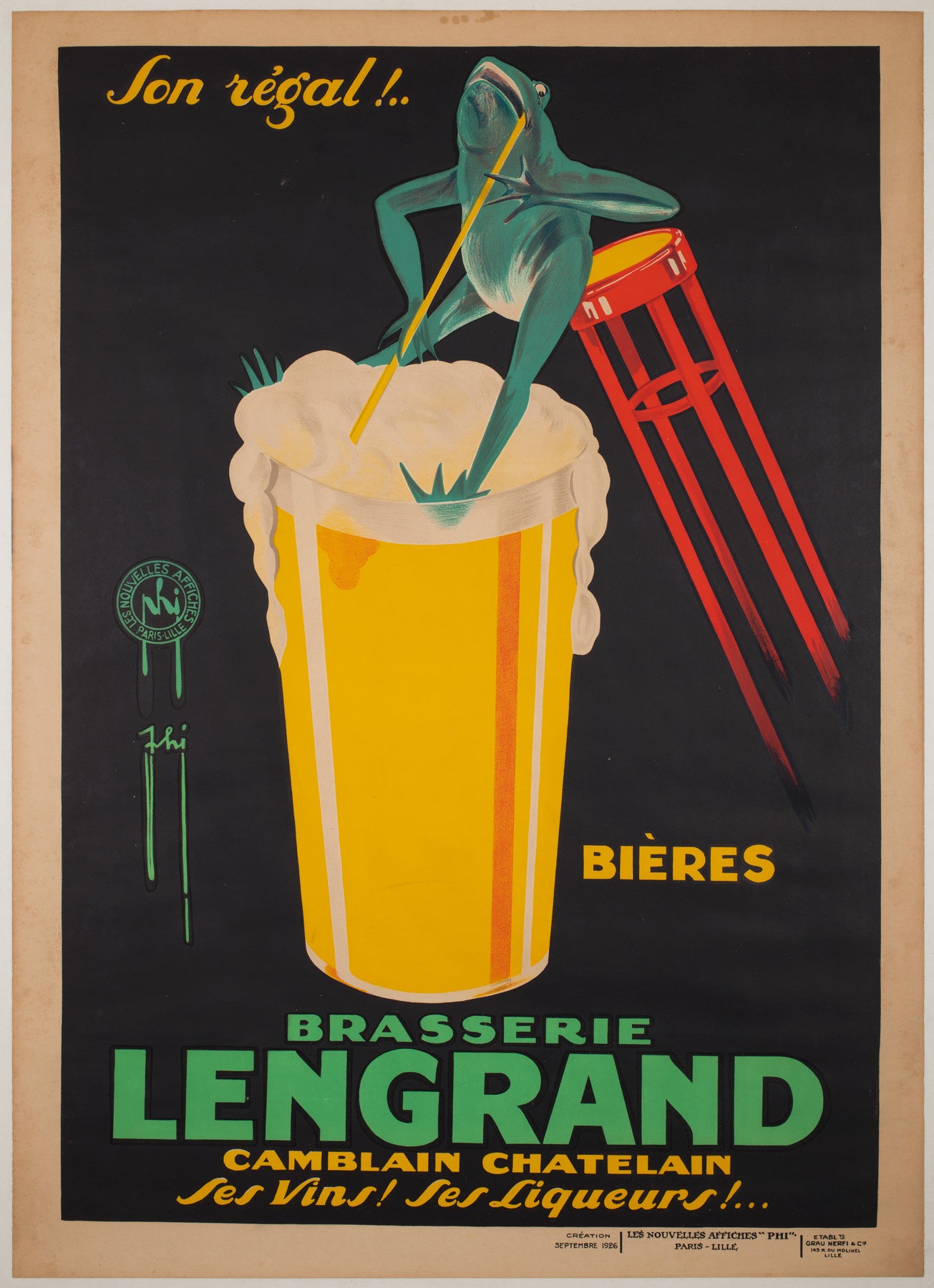 Brasserie Lengrand Frog 1926 French Alcohol Advertising Poster, Paul Nefri For Sale