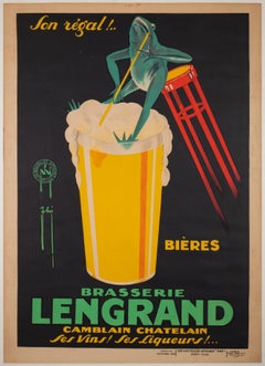 Antique Brasserie Lengrand Frog 1926 French Alcohol Advertising Poster, Paul Nefri