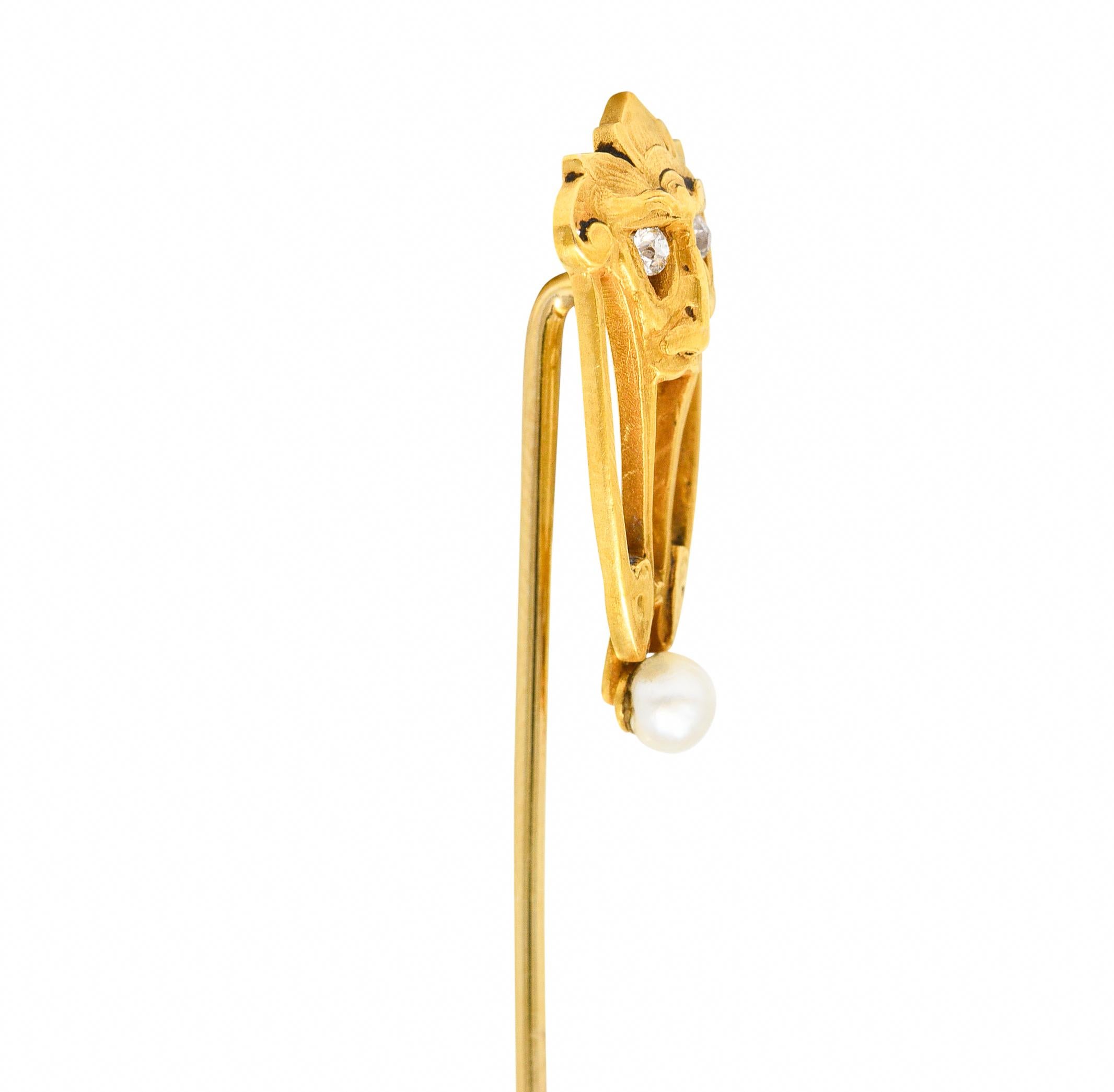 Round Cut Brassler Co. Art Nouveau Diamond Pearl 14 Karat Yellow Gold Greenman Antique Uni For Sale