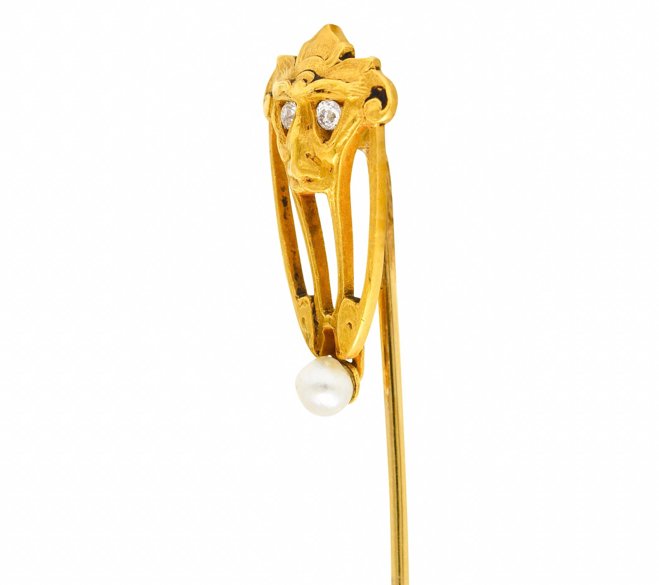 Women's or Men's Brassler Co. Art Nouveau Diamond Pearl 14 Karat Yellow Gold Greenman Antique Uni For Sale