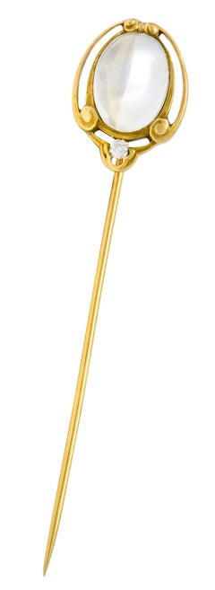 Brassler & Co. Art Nouveau Moonstone Diamond 14 Karat Gold Scarab Stickpin