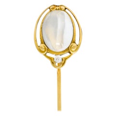 Brassler & Co. Art Nouveau Moonstone Diamond 14 Karat Gold Scarab Stickpin