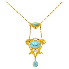 Antique Brassler Co. Turquoise Diamond 14 Karat Yellow Gold Swag Necklace