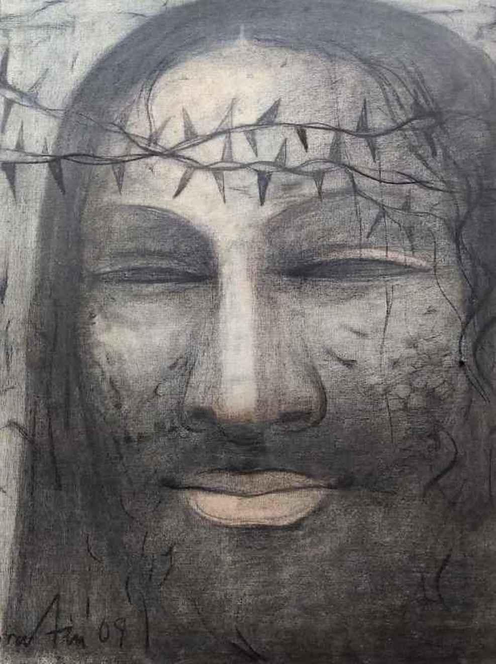 Bratin Khan Interior Painting – Christ, Holzkohle & Pastell auf Leinwand, Schwarz von zeitgenössischem Künstler „In Stock“