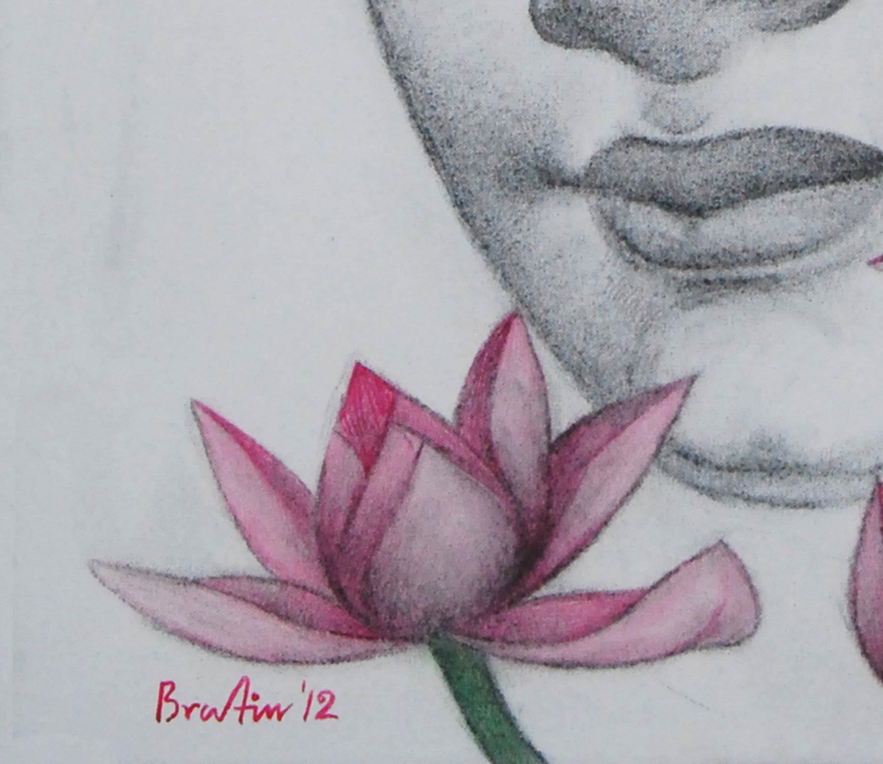 Lumineux Bouddha, fusain, pastel sur toile, noir, rose, vert « en stock » - Art de Bratin Khan