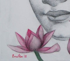 Enlightened, Buddha, Charcoal, Pastel on canvas, Black, Pink, Green "In Stock"