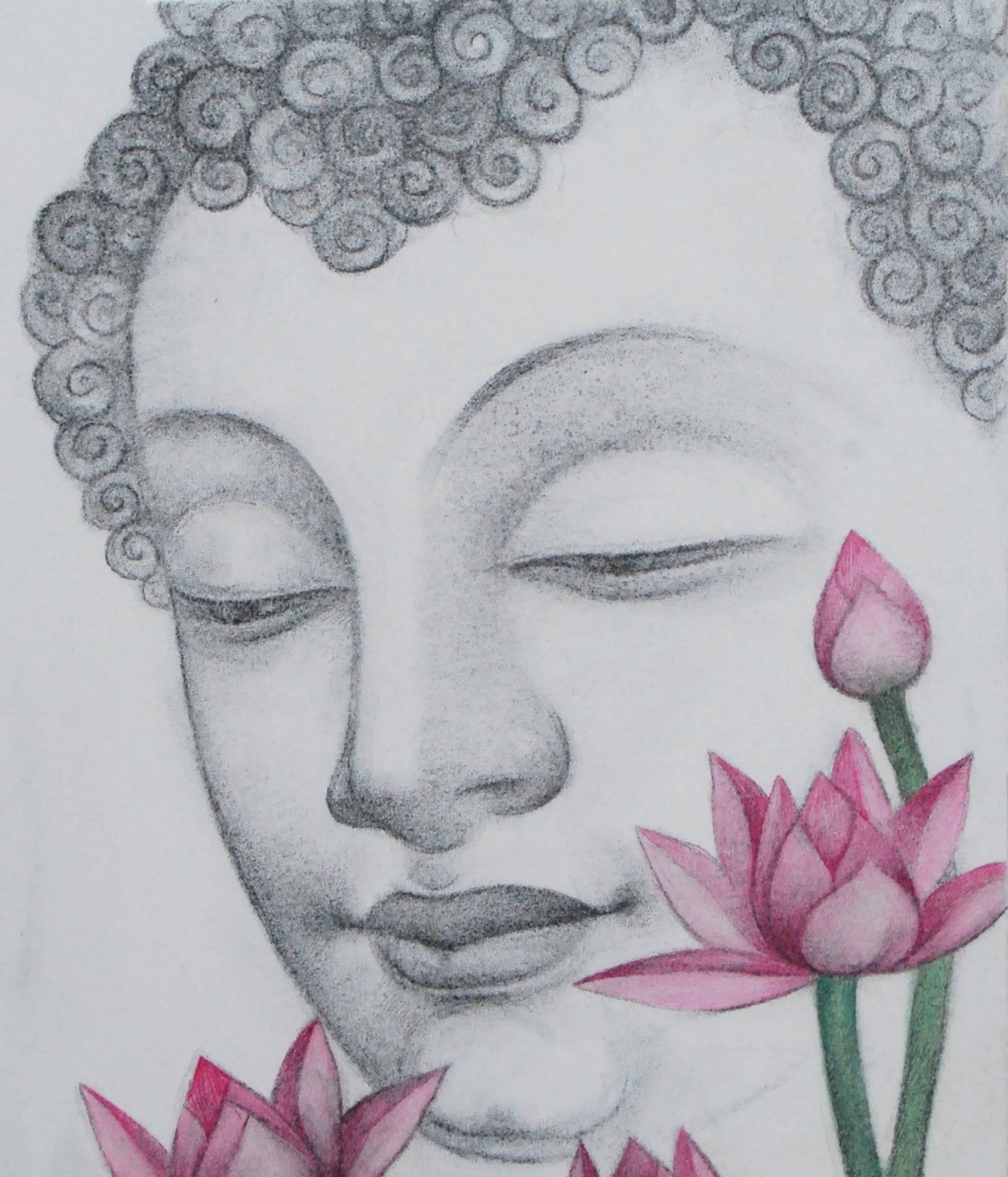 Lumineux Bouddha, fusain, pastel sur toile, noir, rose, vert « en stock » - Contemporain Art par Bratin Khan