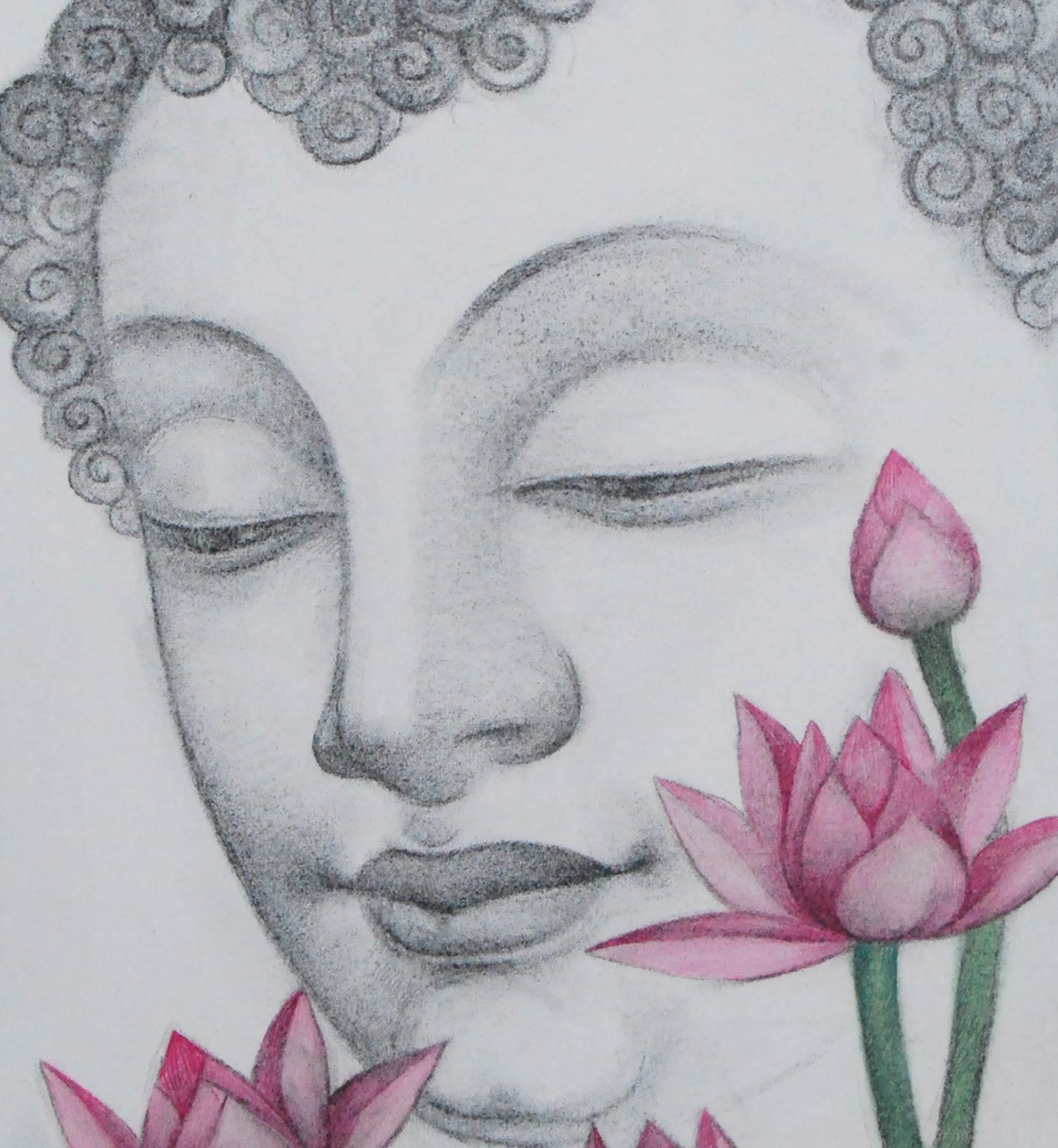 Lumineux Bouddha, fusain, pastel sur toile, noir, rose, vert « en stock » - Gris Figurative Art par Bratin Khan