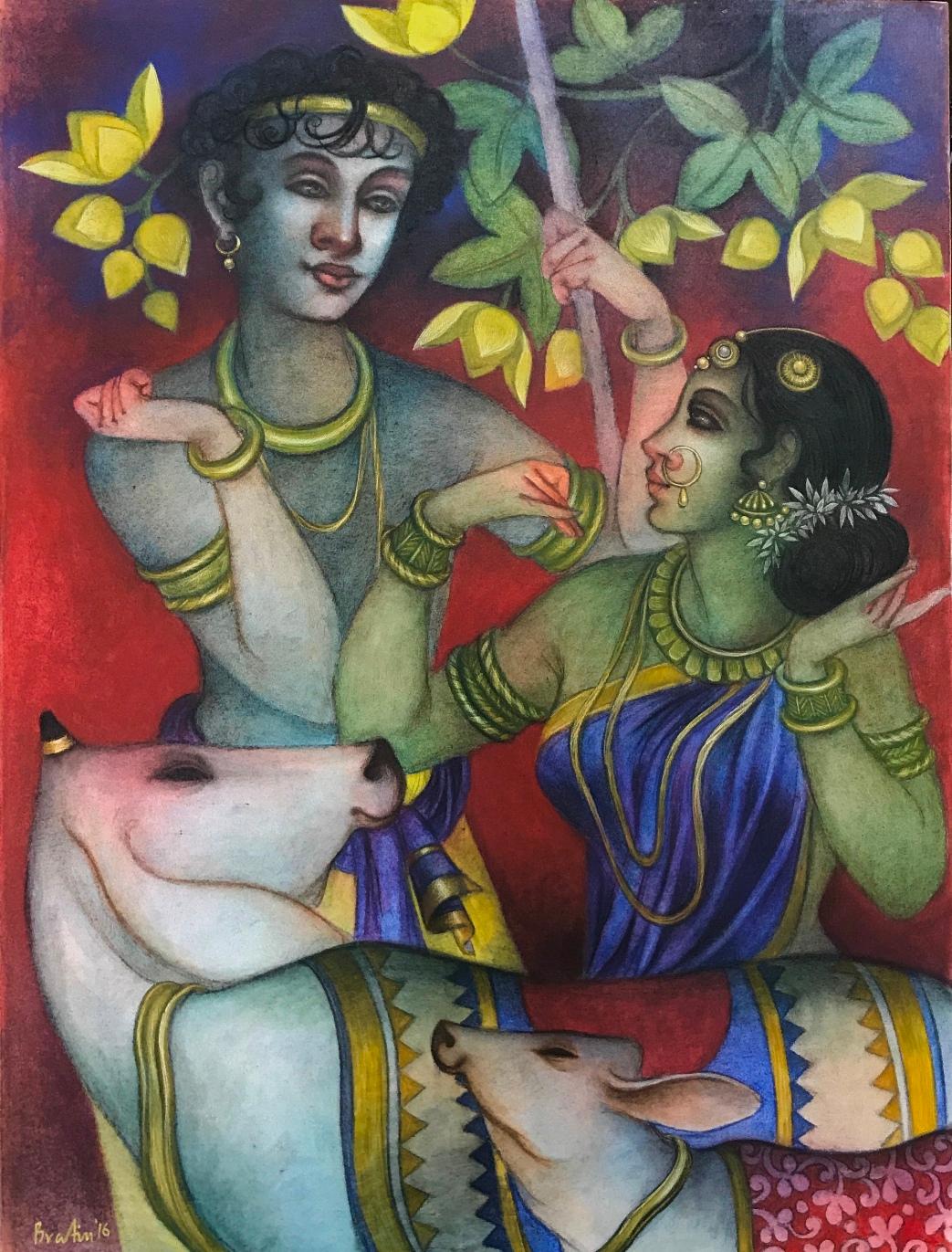 Jugal, Tempera on Canvas, Green, Yellow, Red, by Contemporary Artist "In Stock"