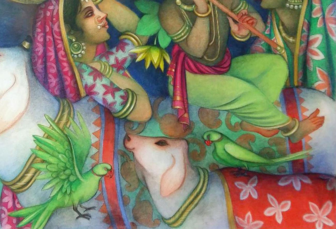 Krishna playing flute with Cows & Gopis, Tempera, Green, Red, Yellow 