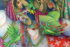 Krishna playing flute with Cows & Gopis, Tempera, Green, Red, Yellow "In Stock"