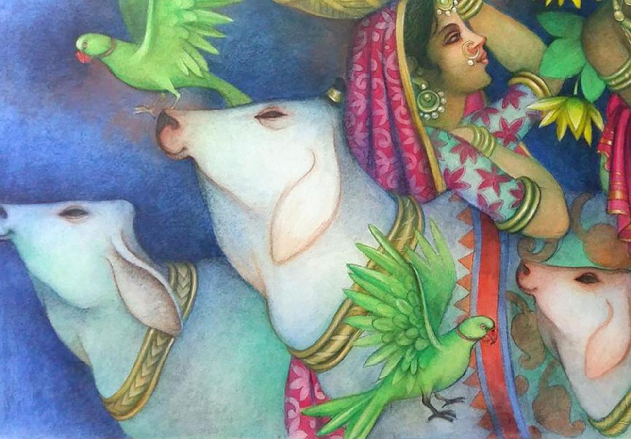 Krishna playing flute with Cows & Gopis, Tempera, Green, Red, Yellow 